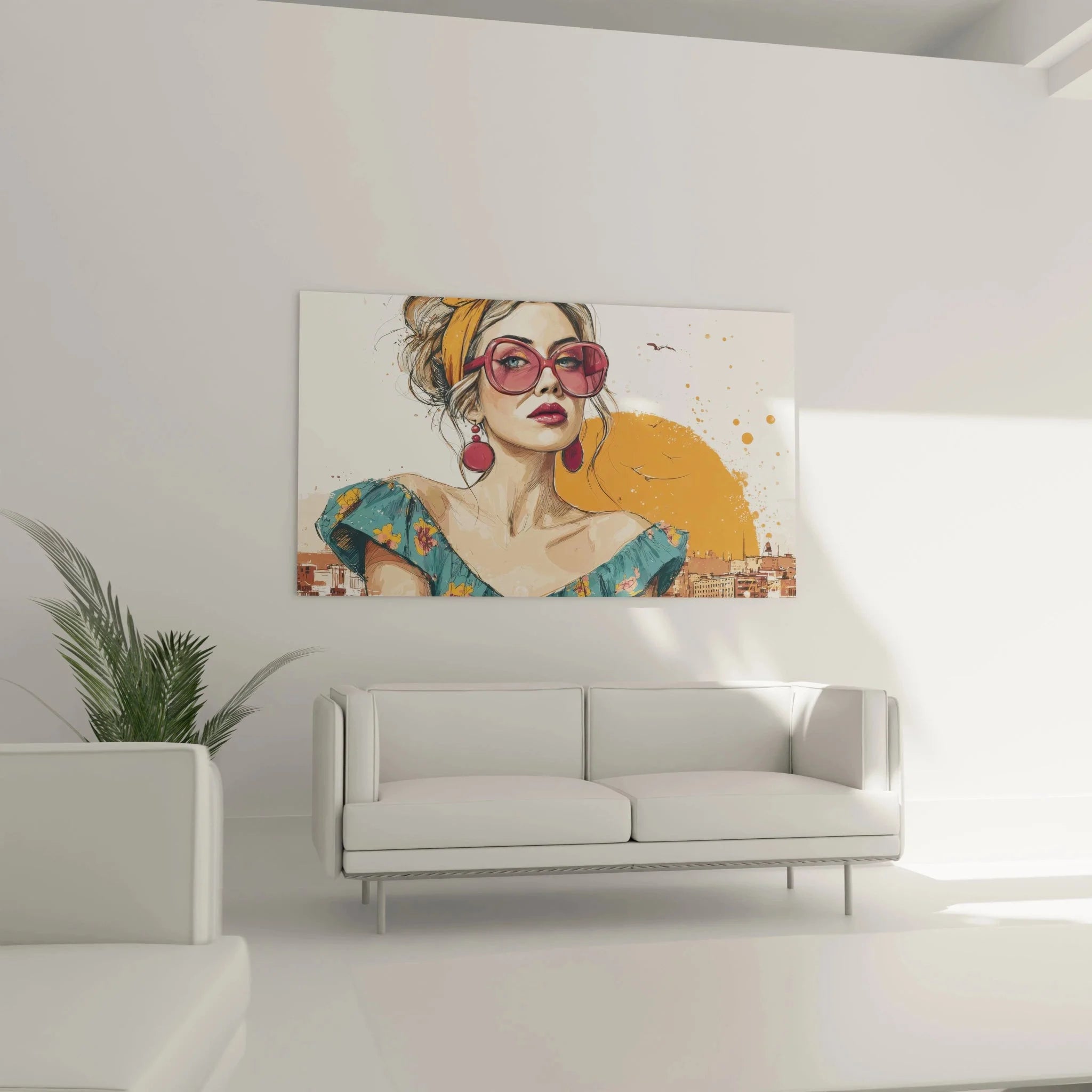 Detailansicht Wandbild Portrait Frau mit Sonnenbrille, künstlerische Modeillustration Nahaufnahme