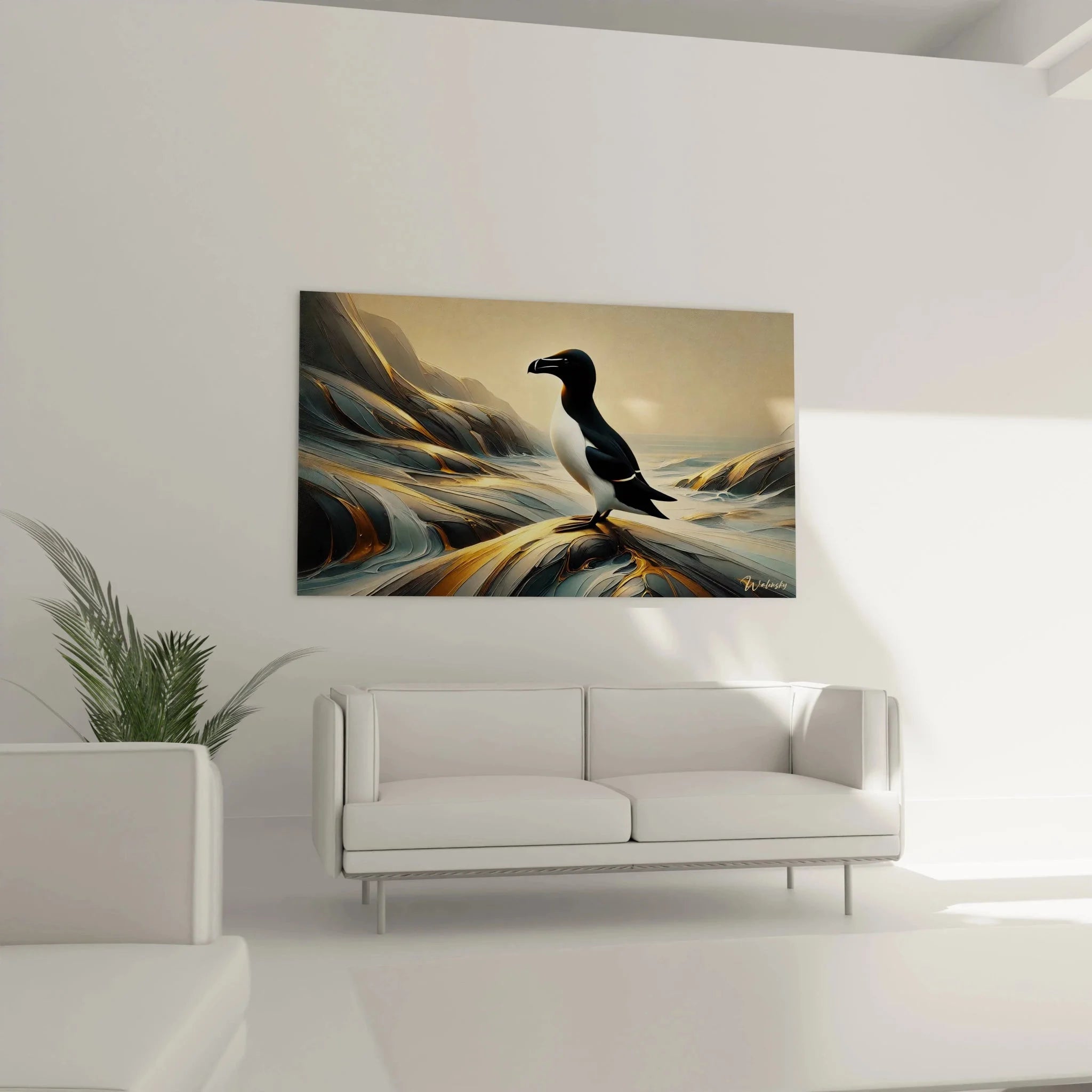Detailaufnahme Wandbild Razorbill, schwarz-weißer Seevogel auf abstrakt golden dargestellten Küstenfelsen