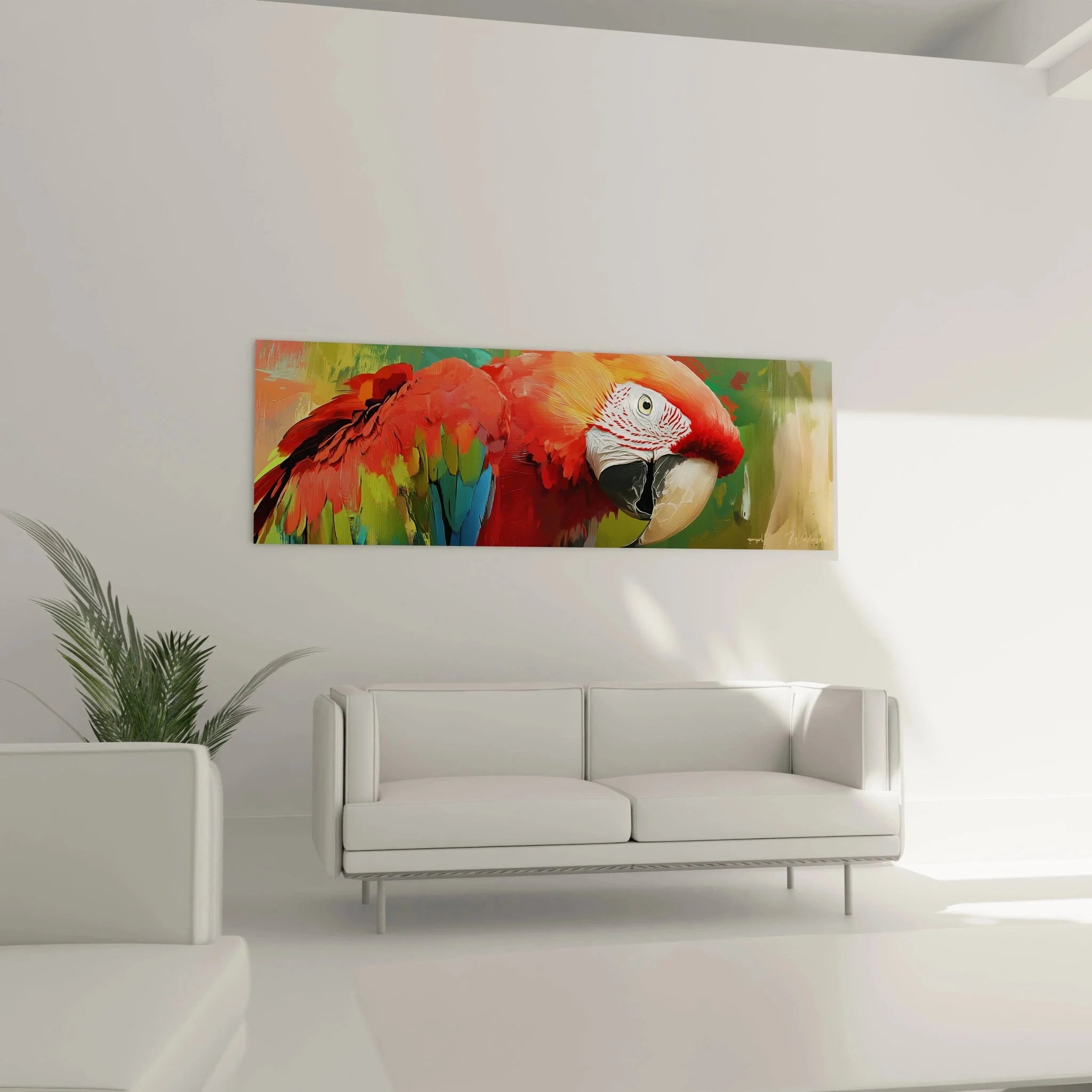 Detailansicht Wandbild Roter Ara zeigt präzise gemalte rote Federn und charakteristischen Schnabel