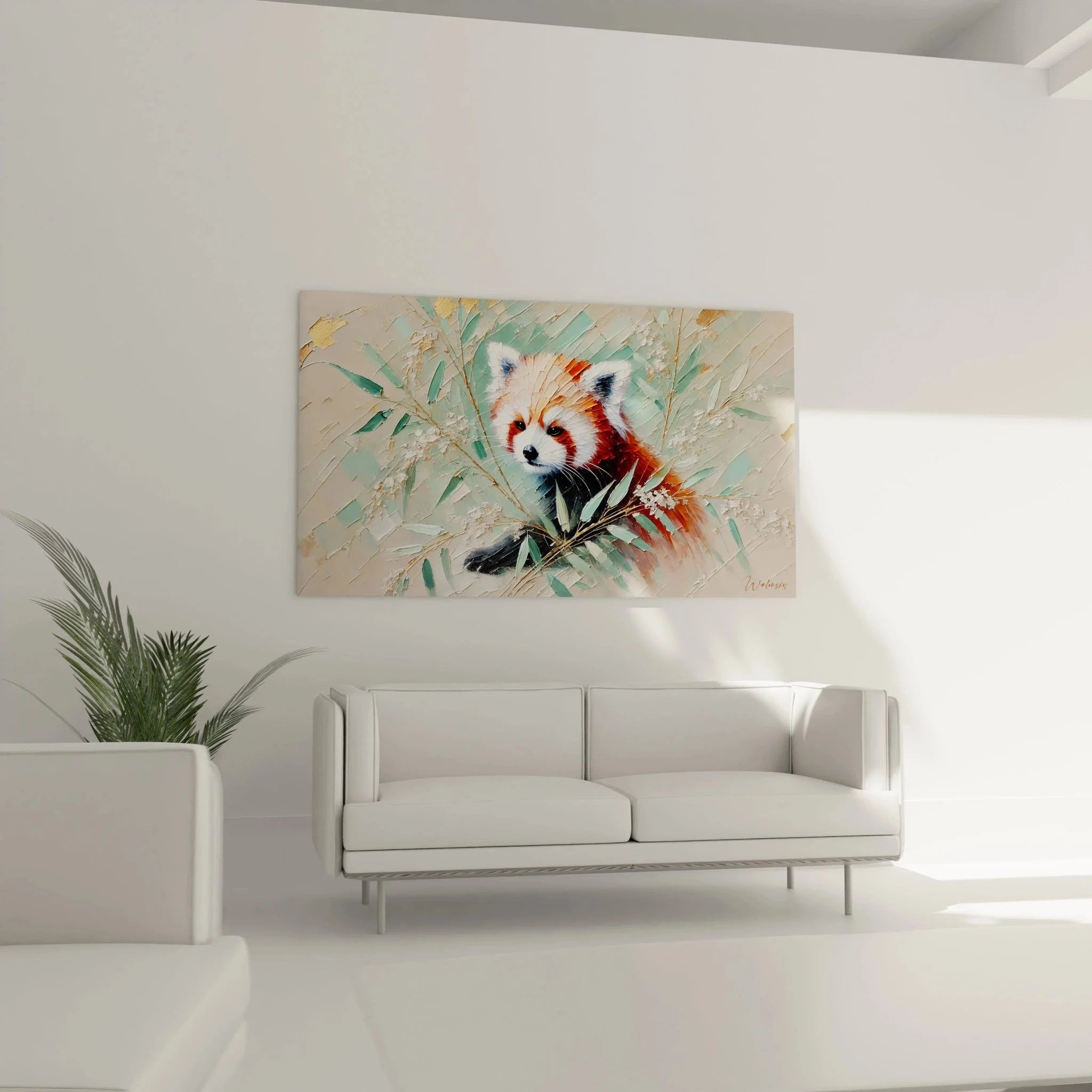 Detailaufnahme Wandbild Roter Panda - Pinselstriche und Farbgebung der Leinwand