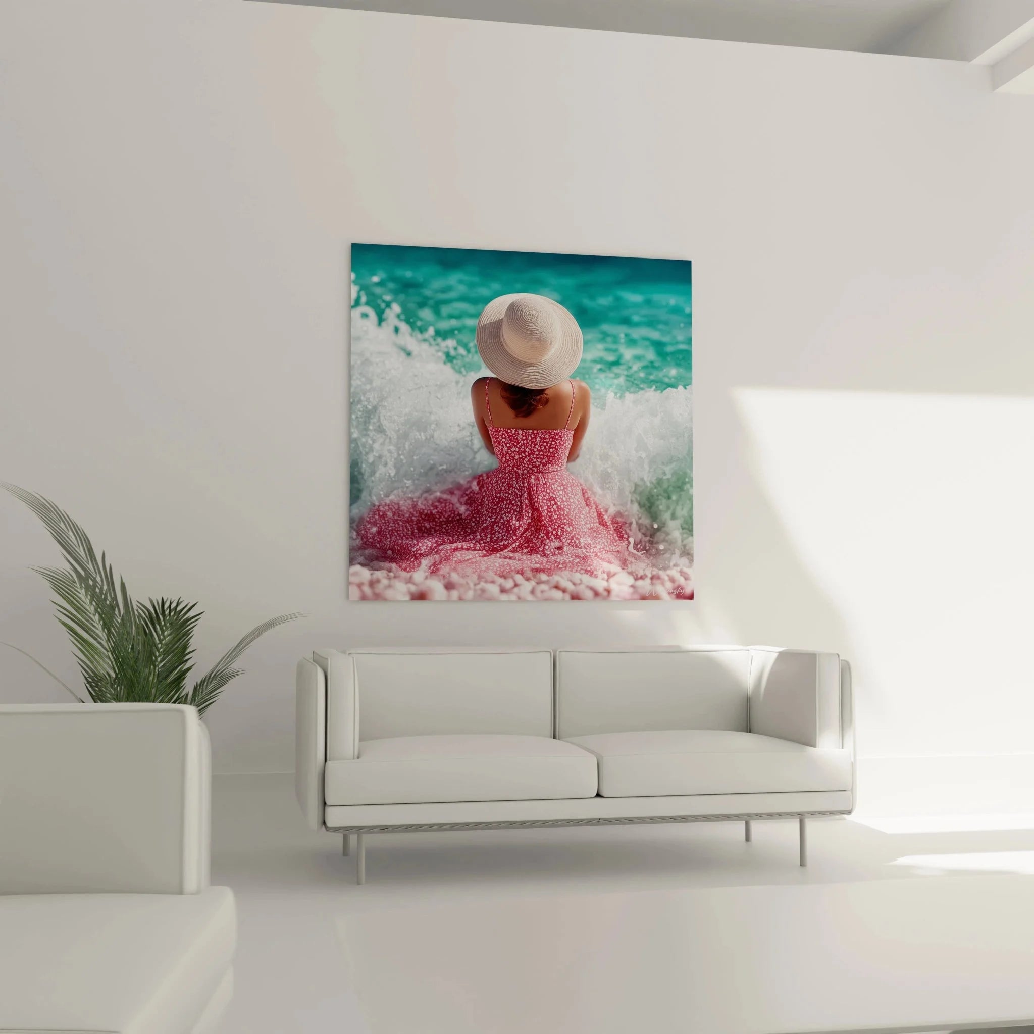 Detailansicht Wandbild: Rotes Sommerkleid mit weißen Punkten vor türkisblauem Meerwasser - hochwertige Wandkunst