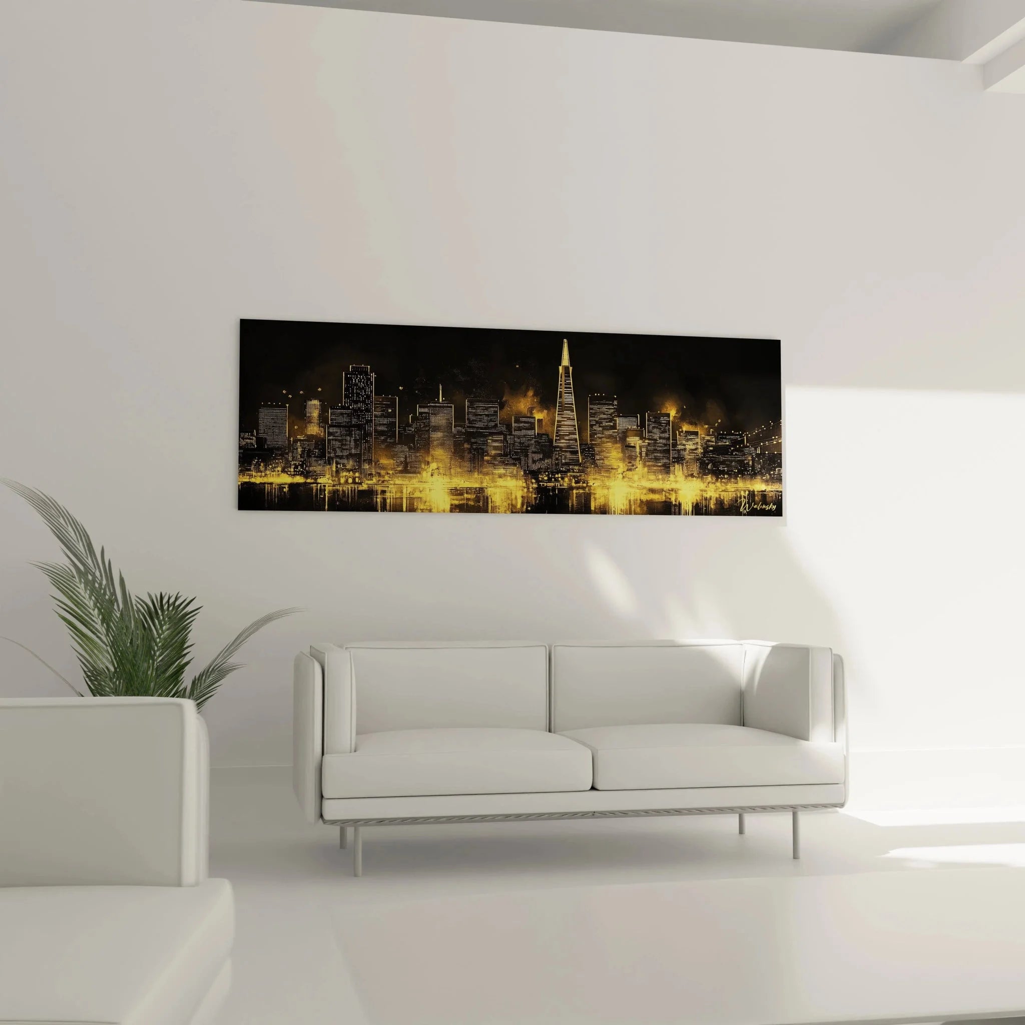 Detailaufnahme Wandbild San Francisco Wolkenkratzer goldene Lichtreflexionen Premium Kunstdruck