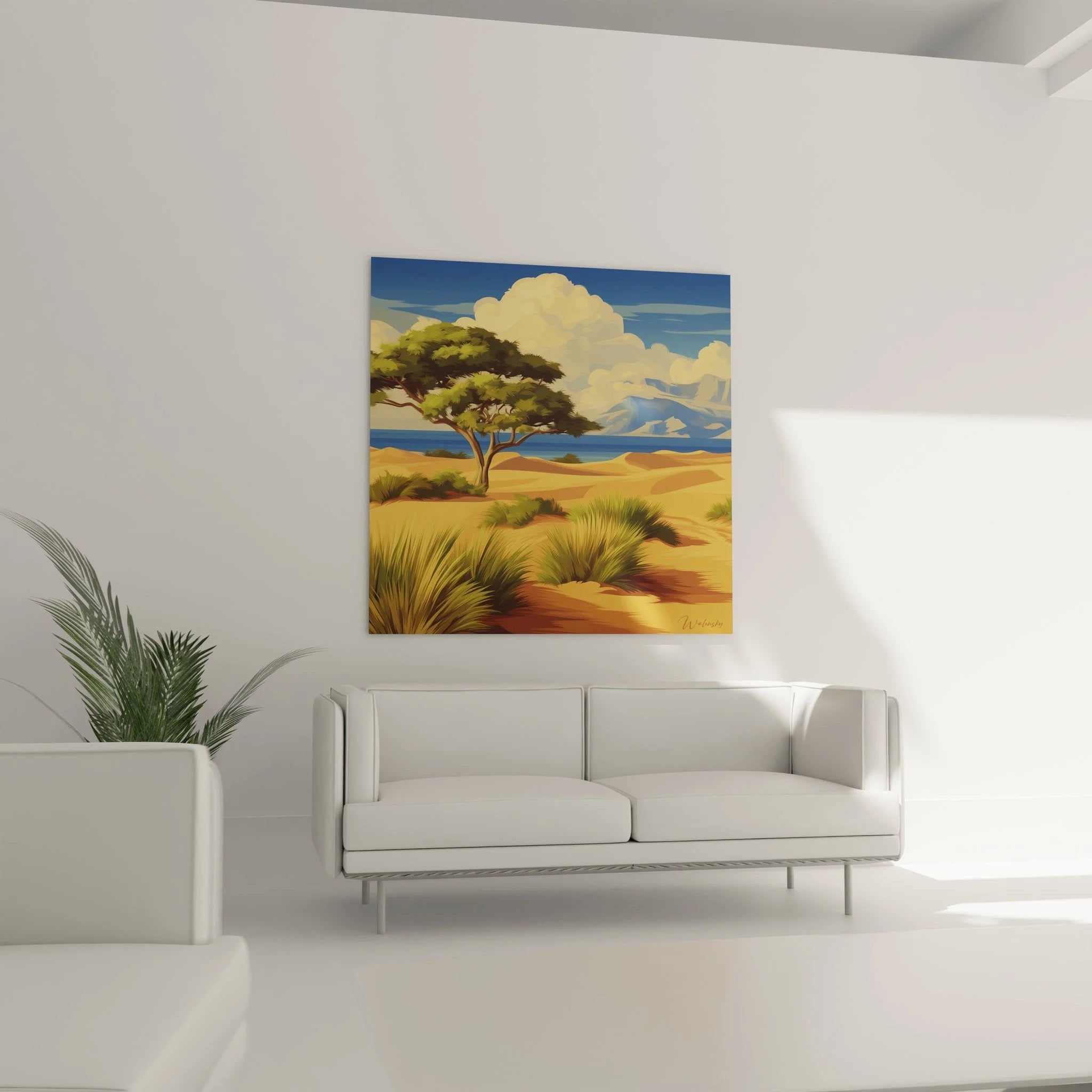 Detailansicht Wandbild Savanne mit majestätischem Baobab-Baum und Wüstenpflanzen