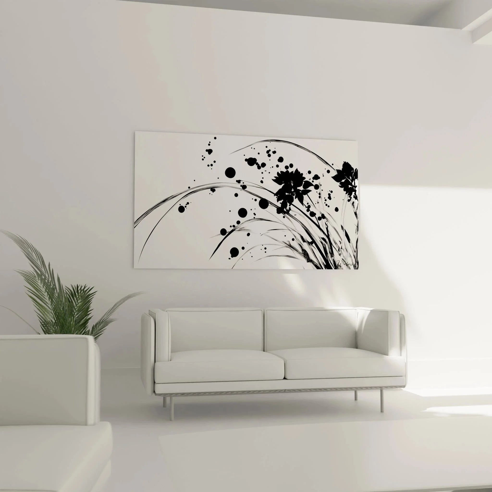 Detailansicht Wandbild schwarze Blütenzweige mit punktuellen Elementen auf weißem Hintergrund