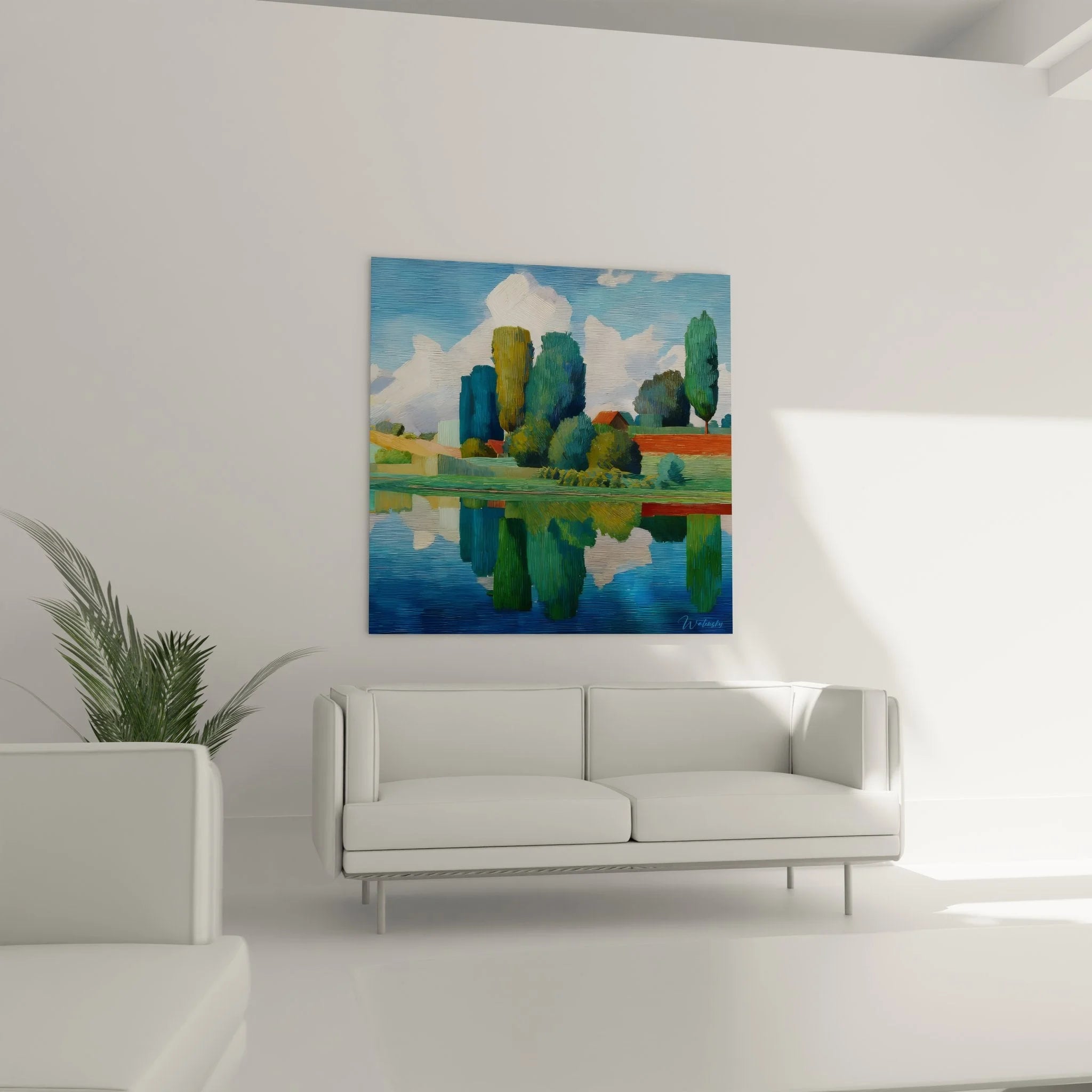 Detailansicht Wandbild Seenlandschaft, expressive Pinselstriche und Farbübergänge in der Wasserspiegelung sichtbar