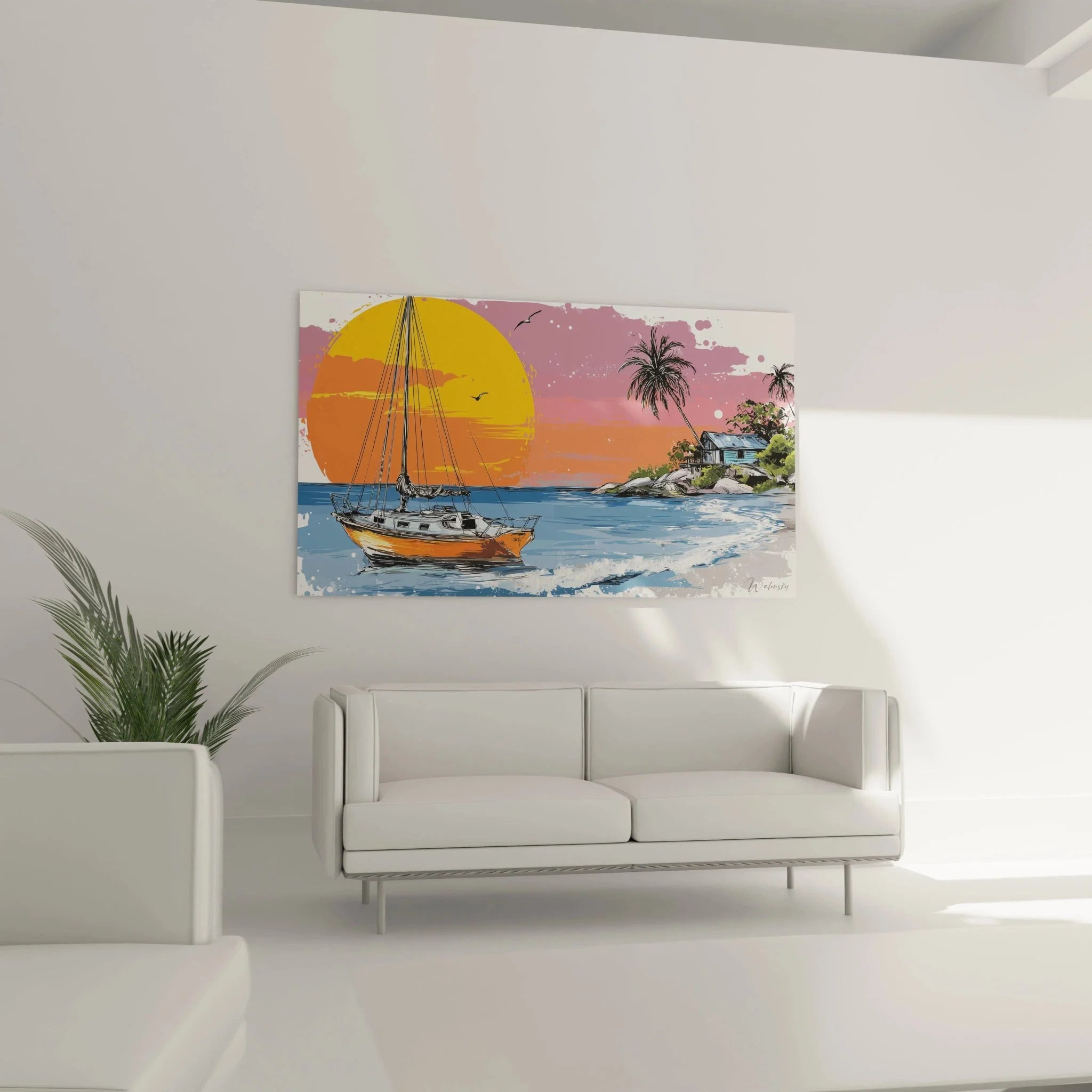Detailansicht Wandbild Segelboot mit warmem Sonnenuntergang und tropischer Insel