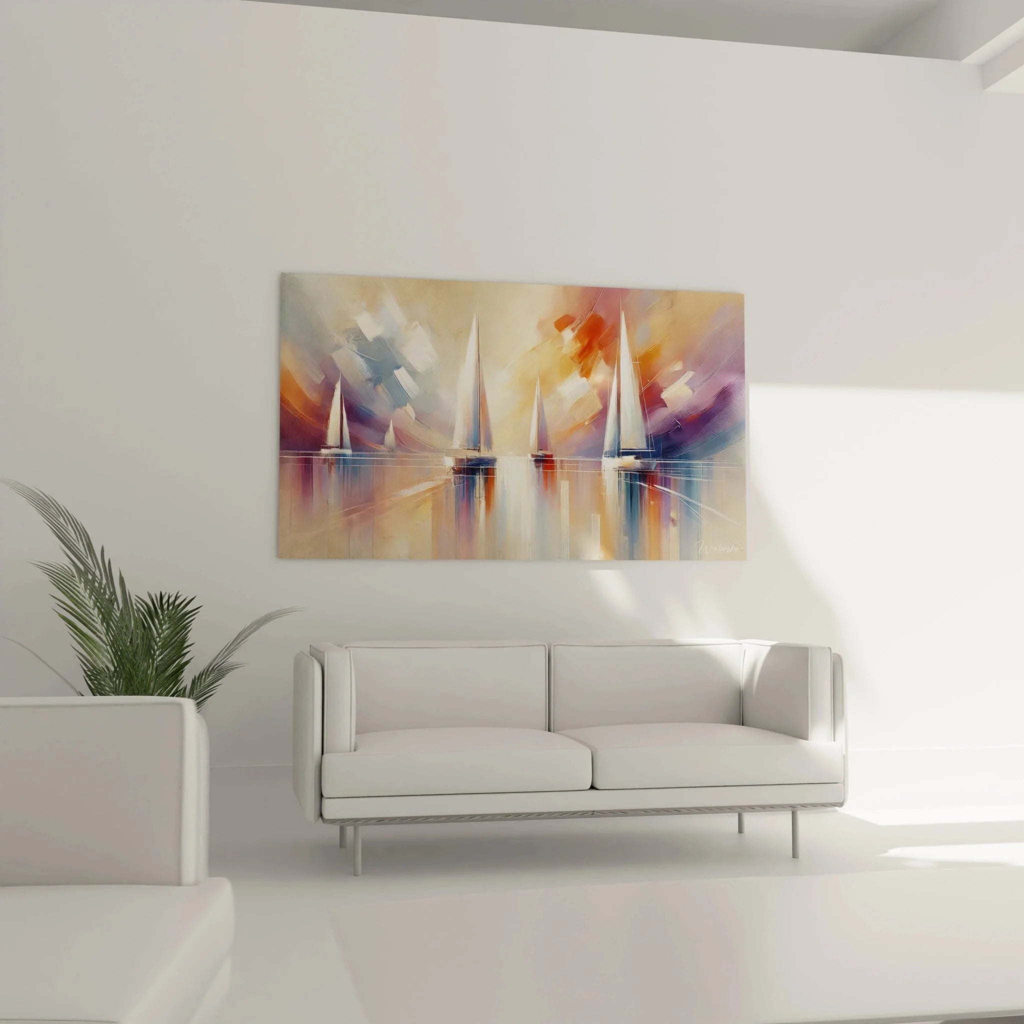 Detailansicht Wandbild Segelregatta abstrakt - Hochwertige maritime Kunst mit Spiegeleffekt im Wasser