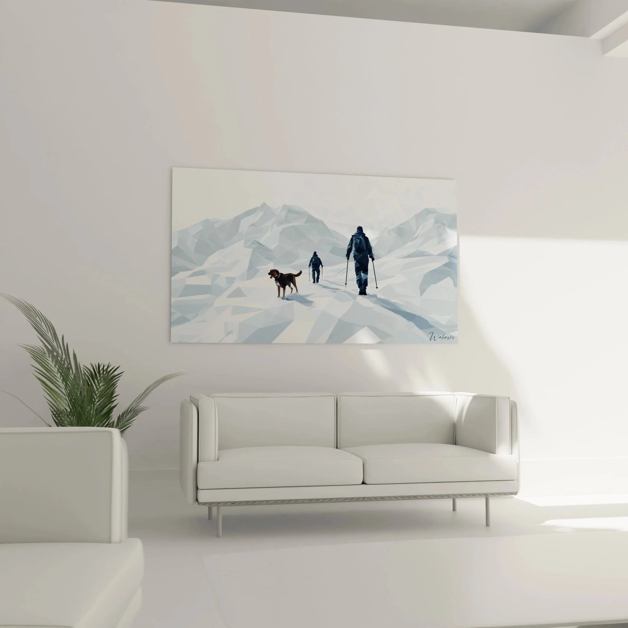 Detailansicht Wandbild Skifahrer Winterlandschaft geometrische Kunst Bruegel Stil