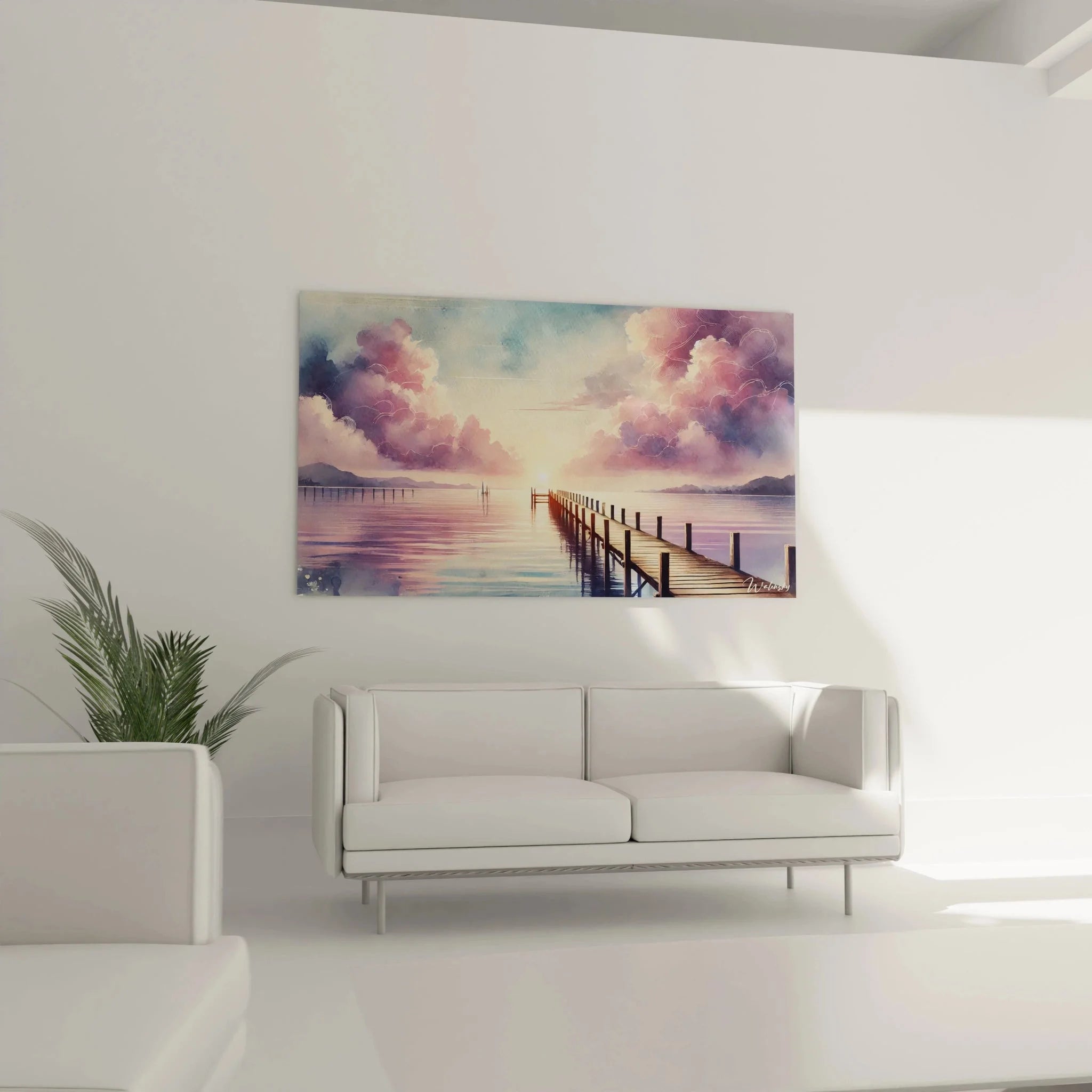 Detailansicht Wandbild Sonnenuntergang mit geometrischen Wolkenformationen und Spiegelung im Wasser