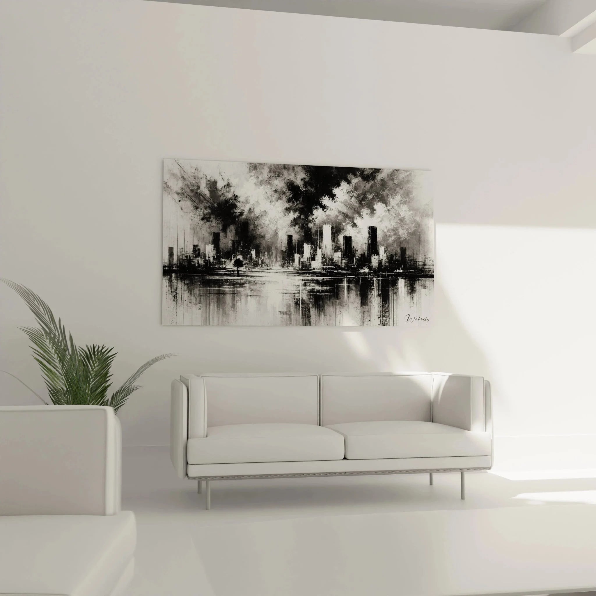 Detailansicht abstrakte Stadtlandschaft Wandbild mit Pinselstrukturen schwarz-weiß