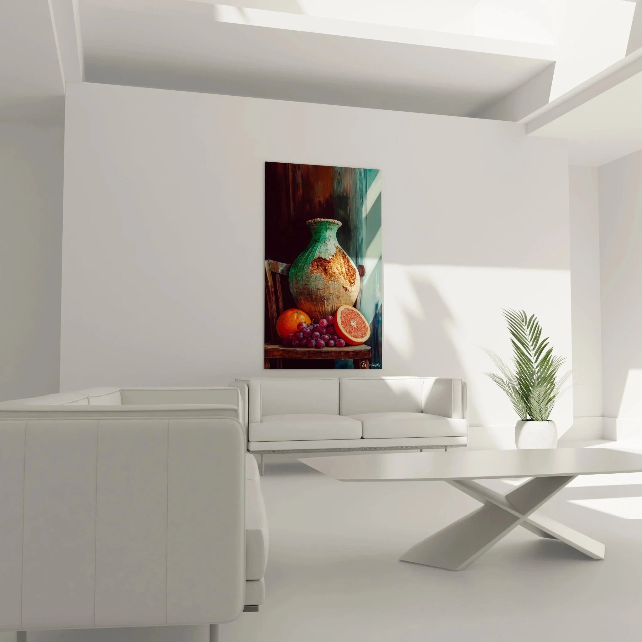 Detailansicht Wandbild Stillleben antike Vase Grapefruit Weintrauben rustikale Textur