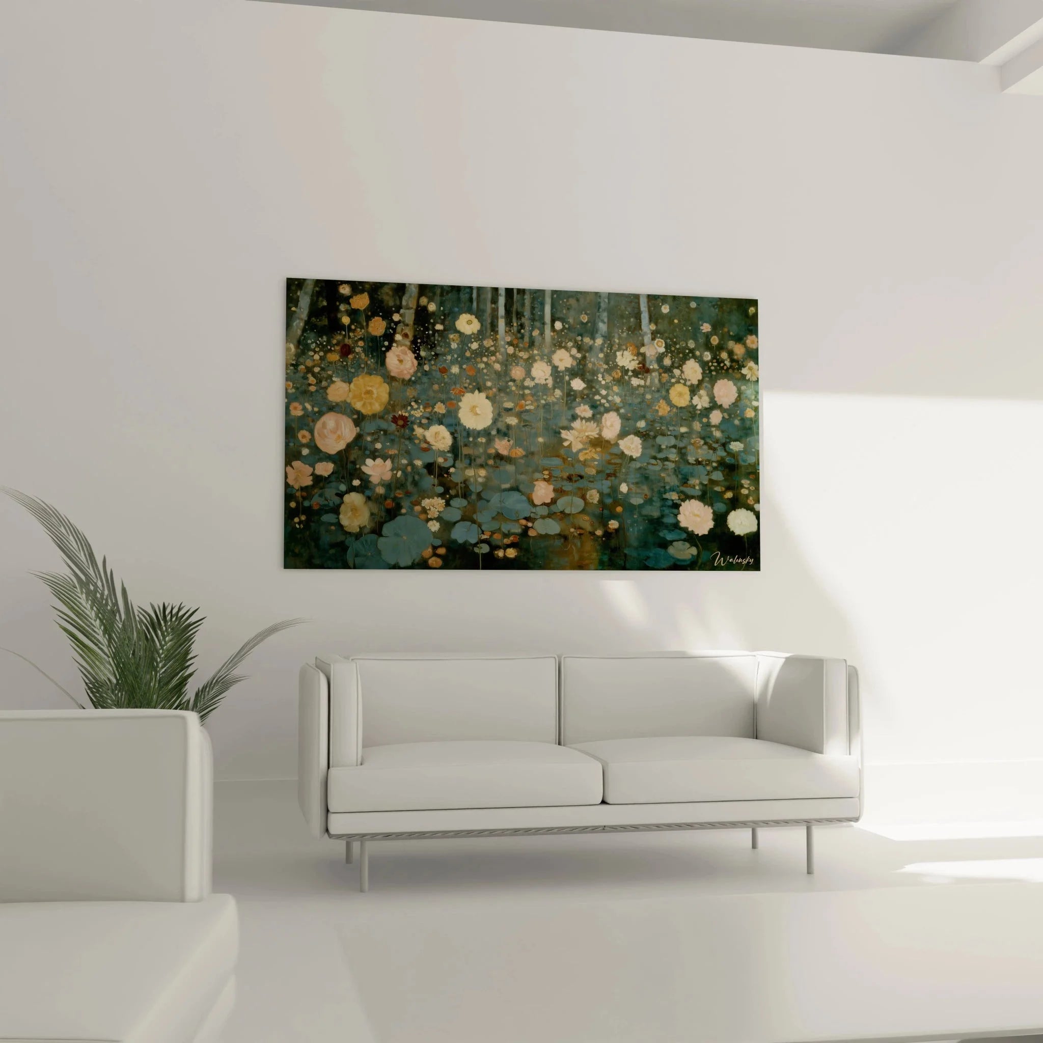 Detailansicht Wandbild schwebende Blüten symbolistisch mit zarten Rosa- und Cremetönen