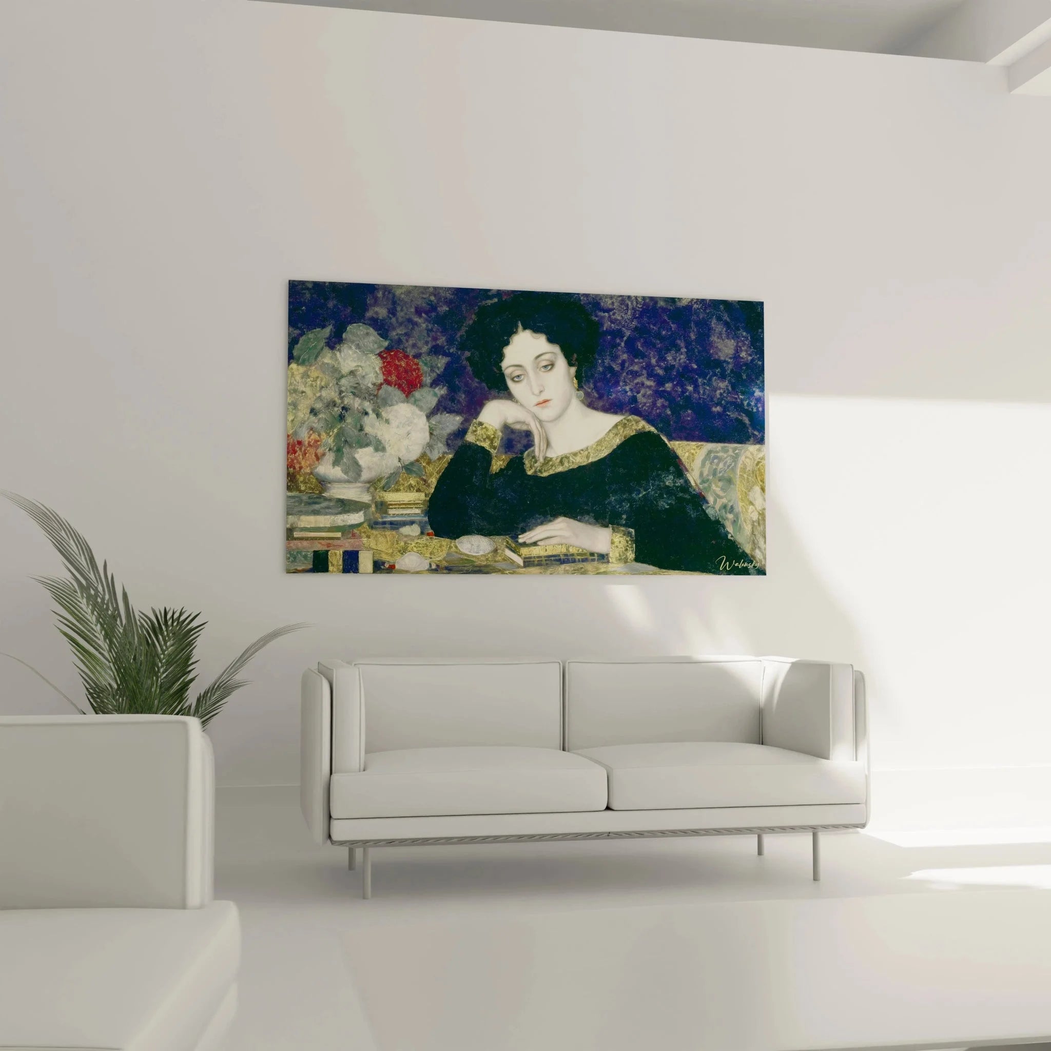 Detailansicht Wandbild symbolistische Dame mit nachdenklichem Gesichtsausdruck