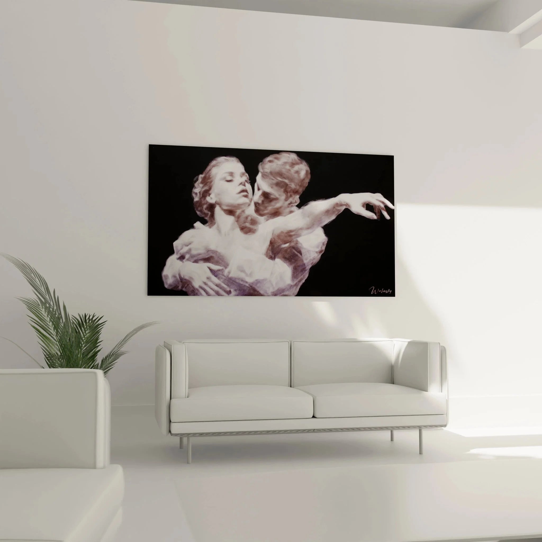 Detailaufnahme hyperrealistisches Wandbild Tango Paar zeigt emotionale Gesichtsausdrücke und Berührungen