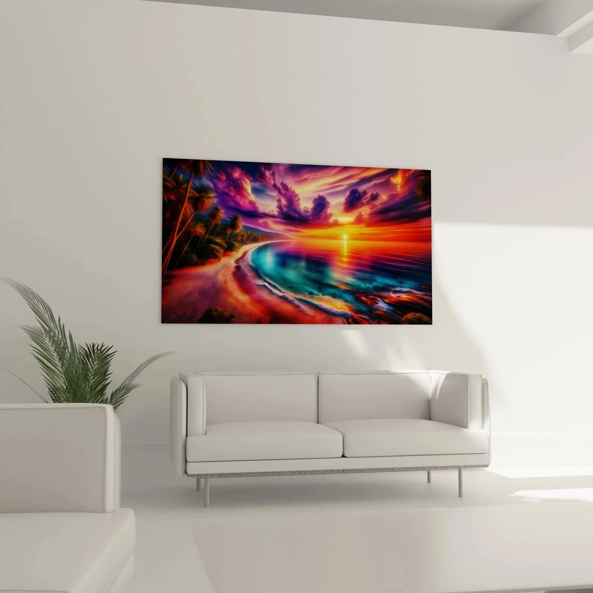 Detailansicht Wandbild tropischer Strand mit dramatischen Himmel und Meereswellen