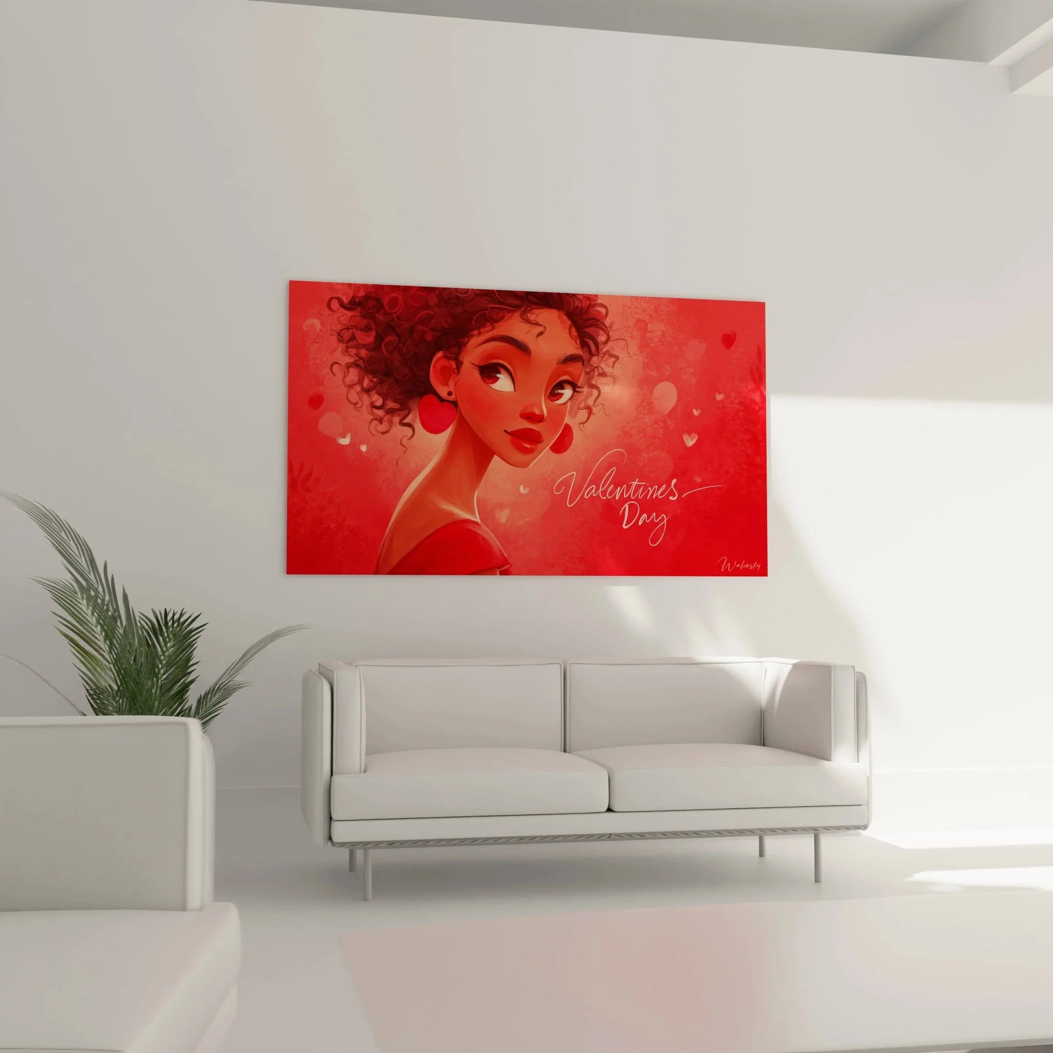 Detailansicht Wandbild Valentinstag zeigt kunstvolle Darstellung einer Frau mit lockigem Haar in Rottönen