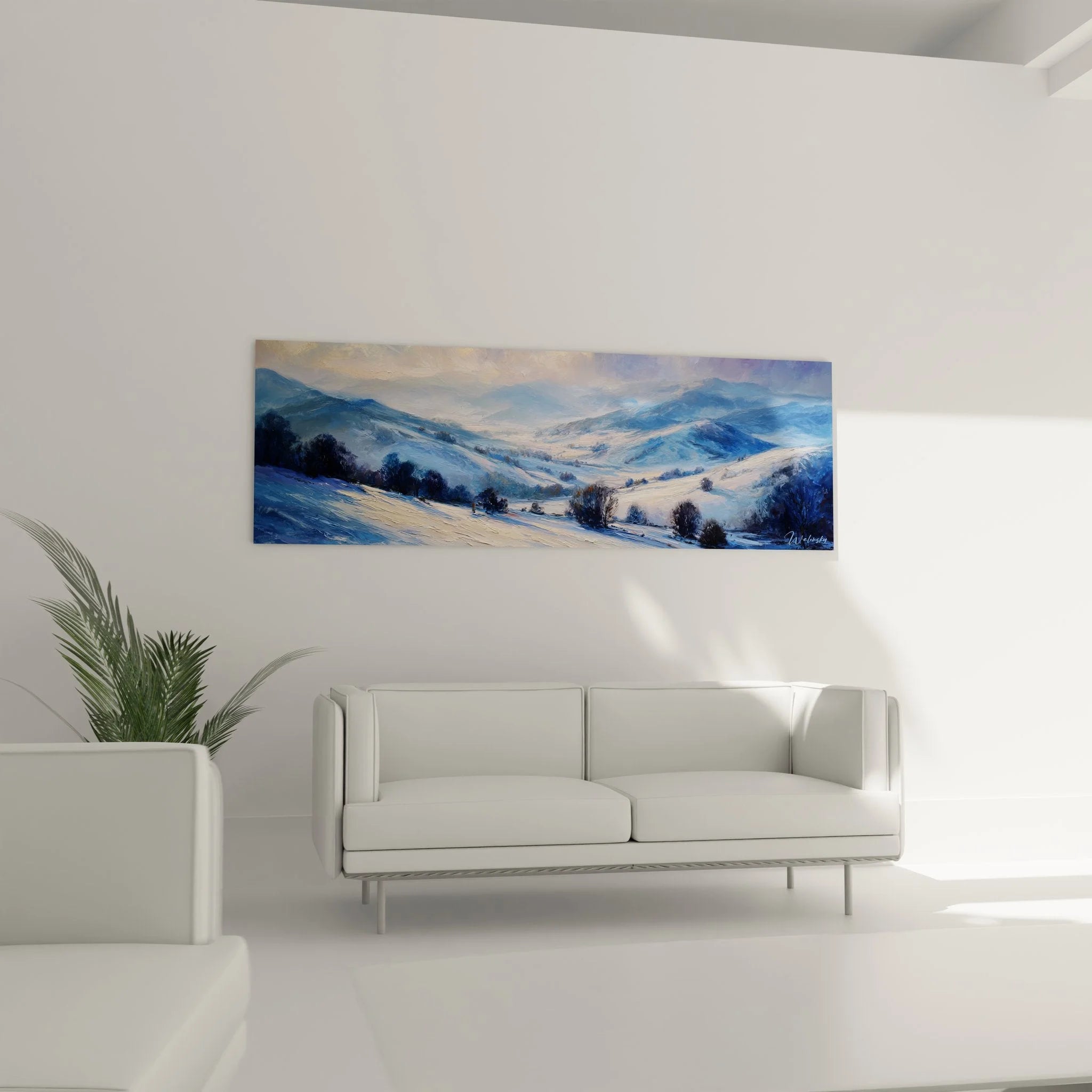 Detailansicht Wandbild Winterlandschaft zeigt schneebedeckte Hügel und Bäume