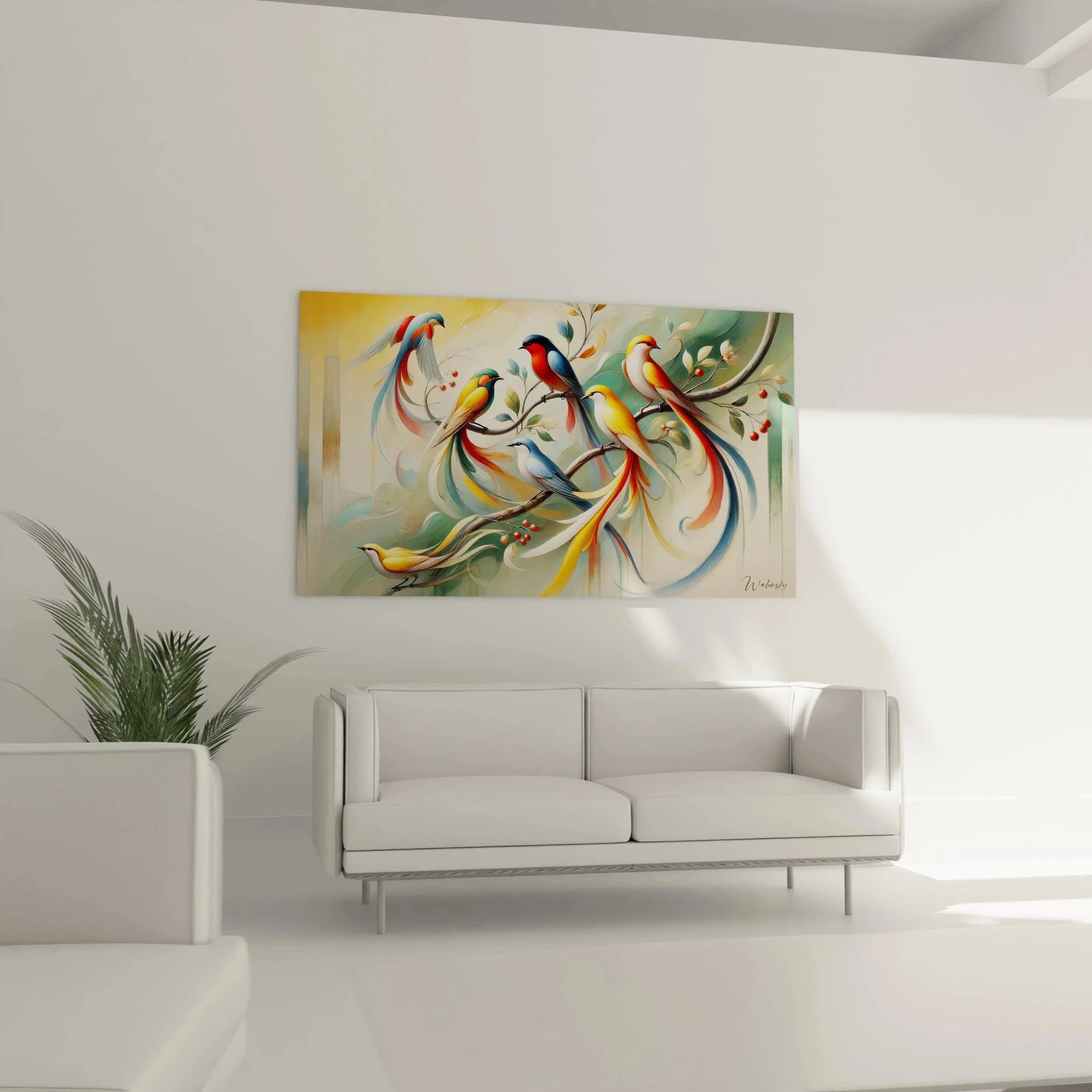 Detailaufnahme Wandbild Vogel Jugendstil zeigt kunstvolle Farbverläufe und ornamentale Elemente