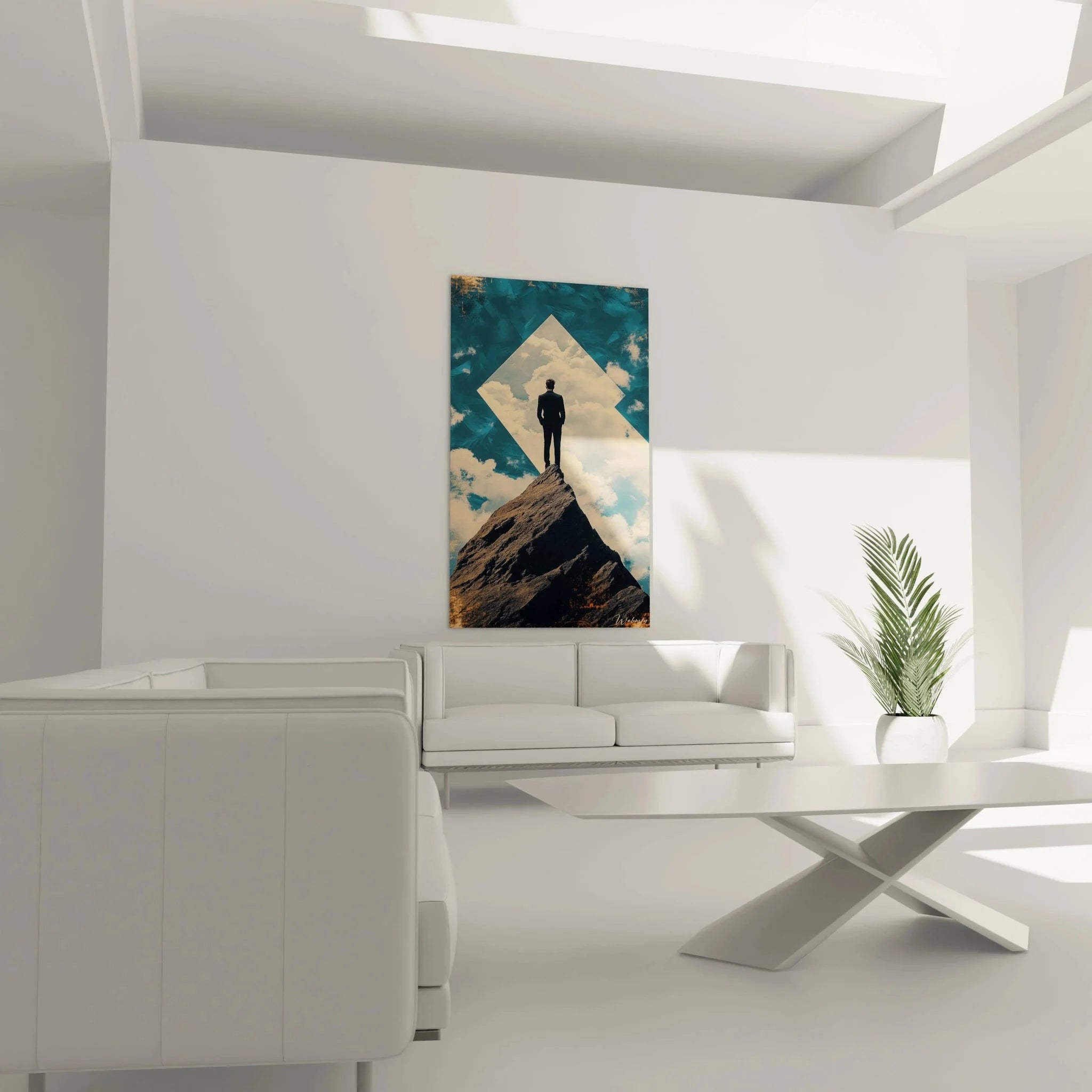 Detailansicht Wandbild romantischer Wanderer - Türkisblaue Wolken und goldene Akzente