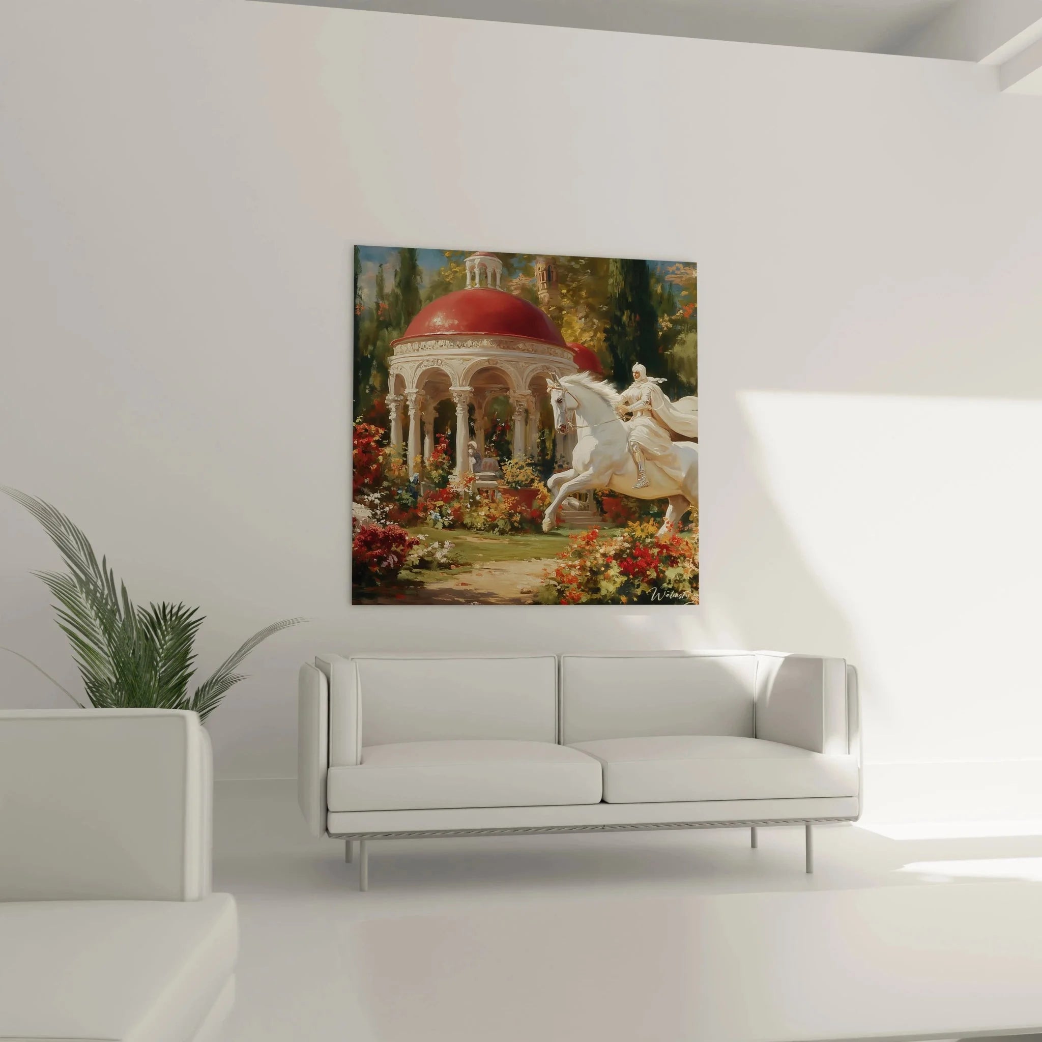 Detailaufnahme Wandbild weißer Araberhengst mit Reiter vor orientalischer Palastarchitektur