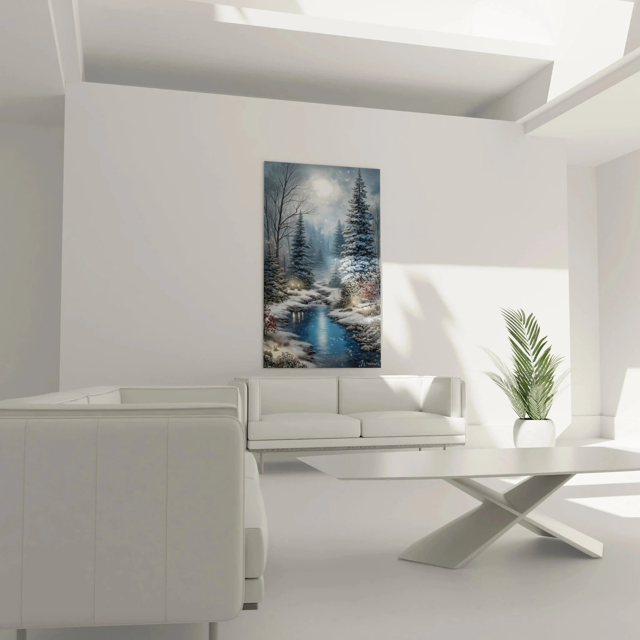 Detailansicht Wandbild Winterbach, schneebedeckte Tannen und reflektierender Bach im Mondschein