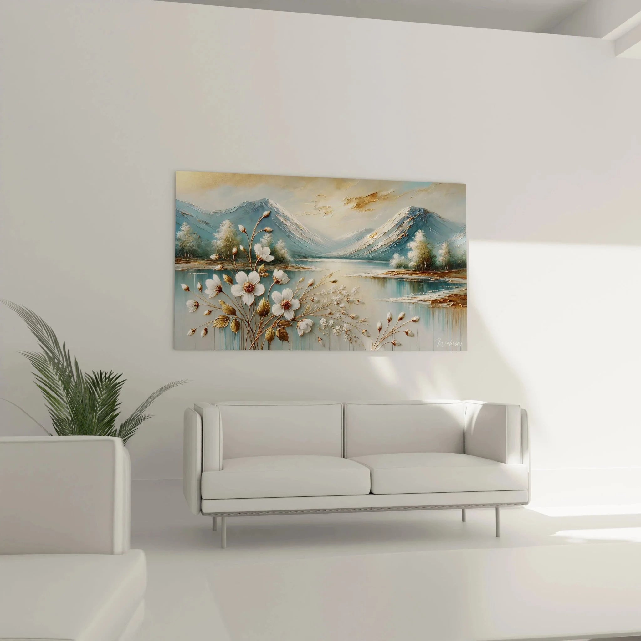 Detailansicht weiße Blüten Wandbild Berglandschaft, goldene Akzente auf Leinwand XXL Format