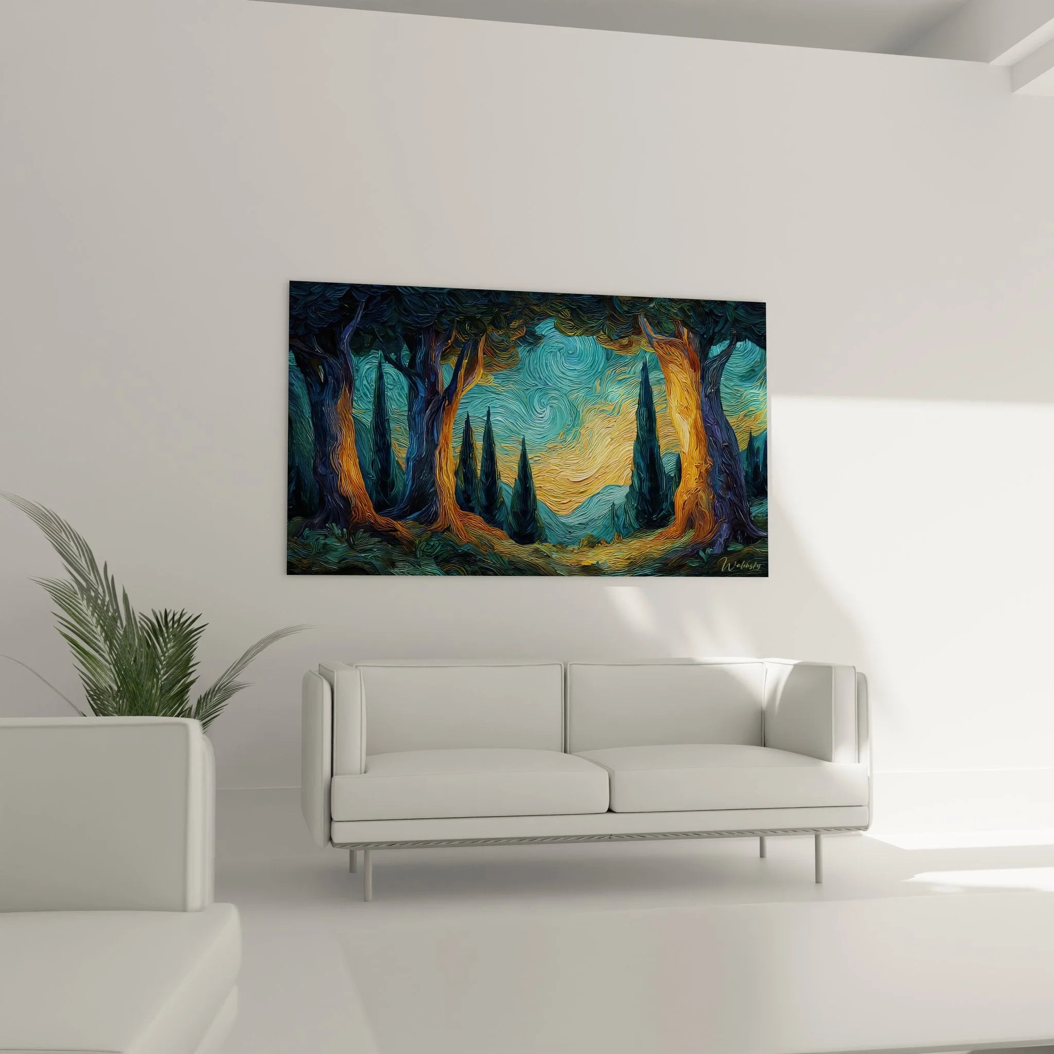 Detailansicht Zypressen Wandbild - expressionistische Pinselstriche und leuchtende Farbwirbel im Van Gogh Stil