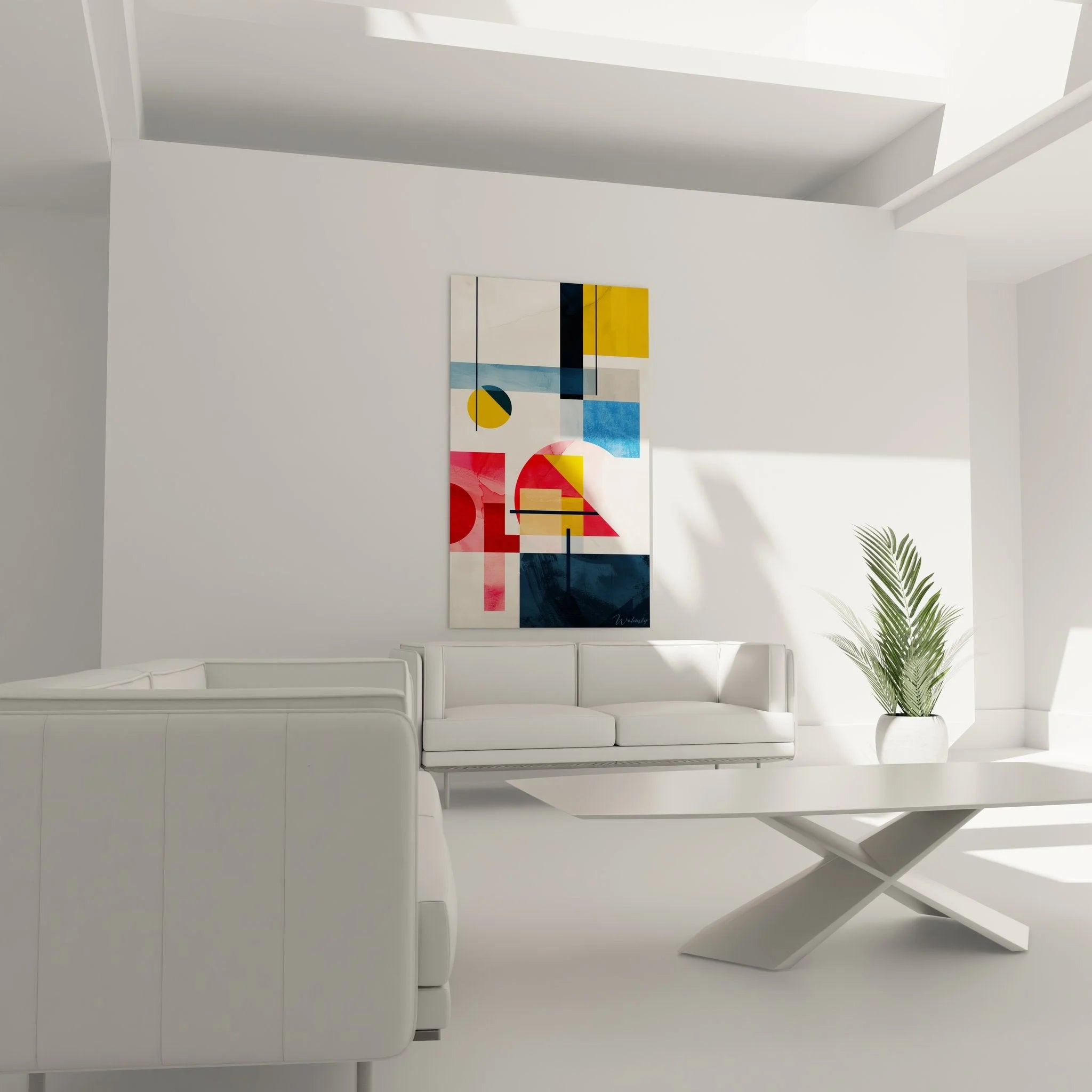 Detailansicht geometrische Wandkunst mit roten, blauen und gelben abstrakten Formen