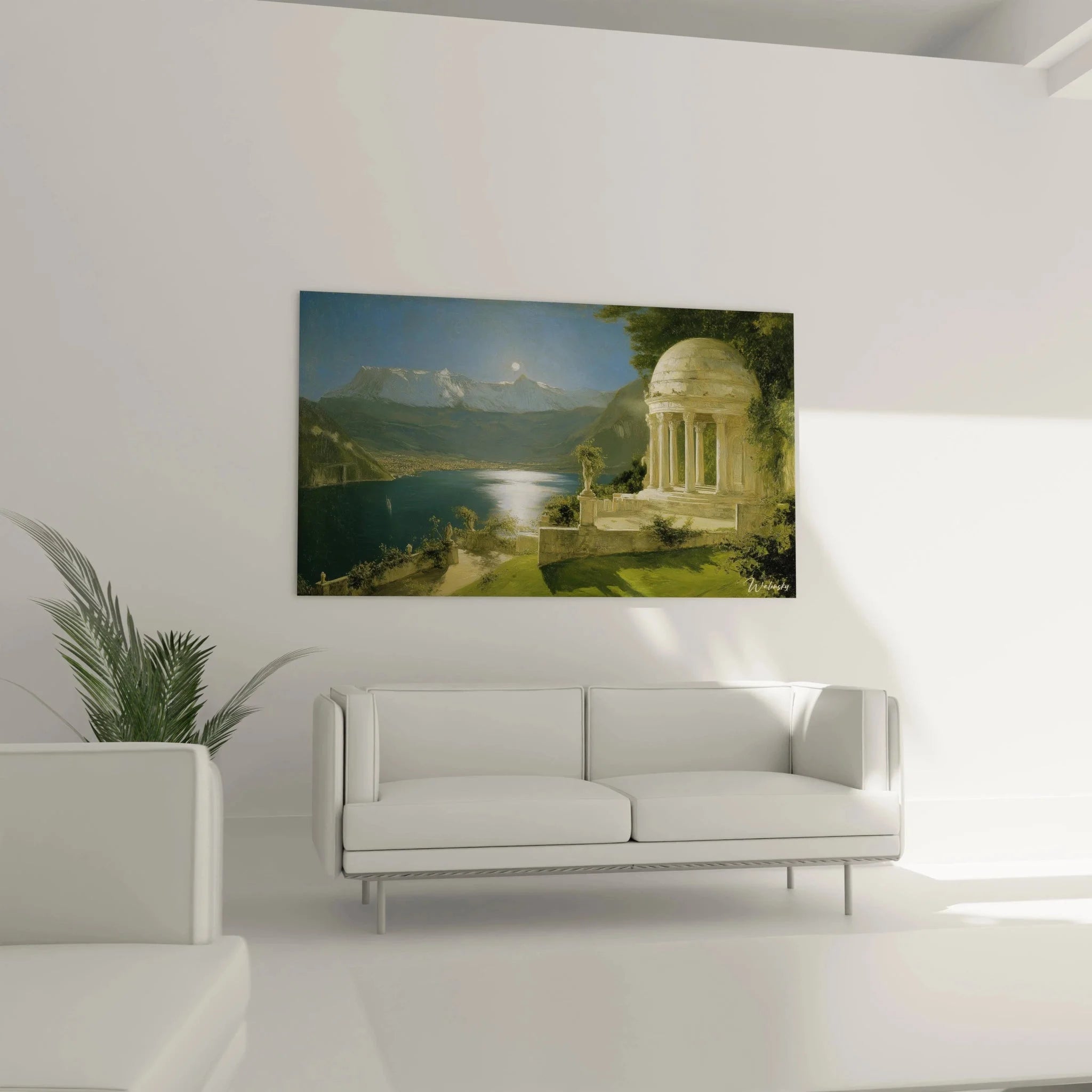 Detailansicht Wandbild antiker Tempel mit Säulen, klassische Architektur am See bei Mondschein