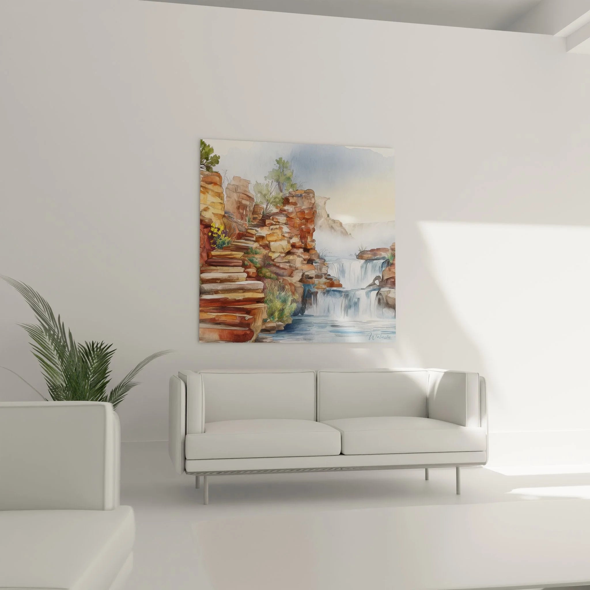 Detailansicht Aquarell Wasserfälle Wandbild, präzise Felsstrukturen und fließendes Wasser in Nahaufnahme