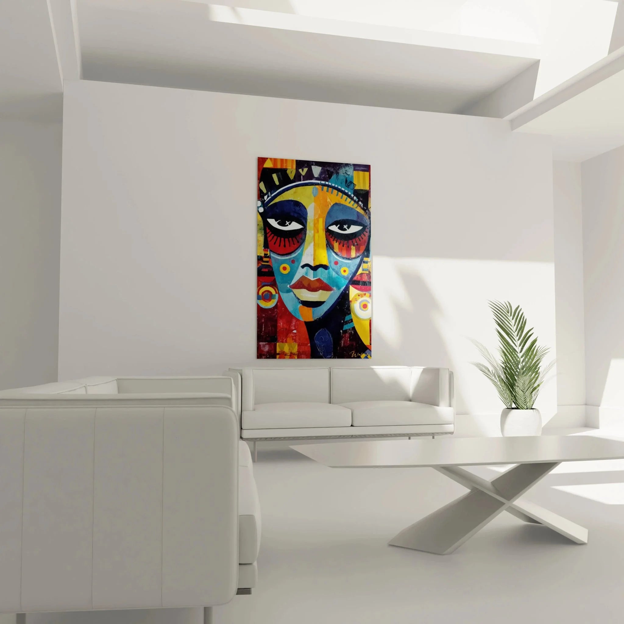 Detailansicht der bunten afrikanischen Gesichtsmaske mit roten radialen Augenornamenten und Stammesmuster