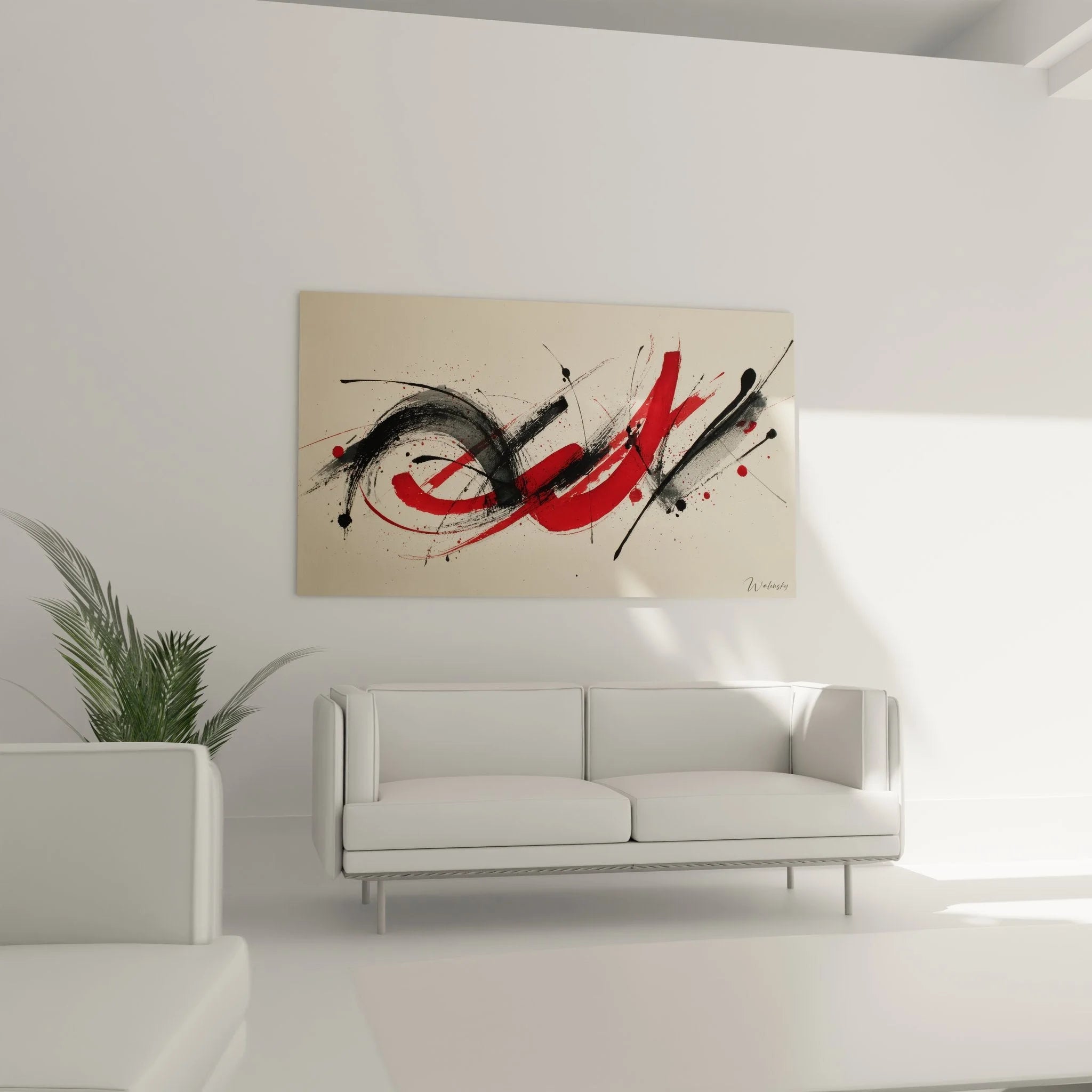 Detailansicht der expressiven Pinselführung und Farbspritzer der abstrakten Komposition