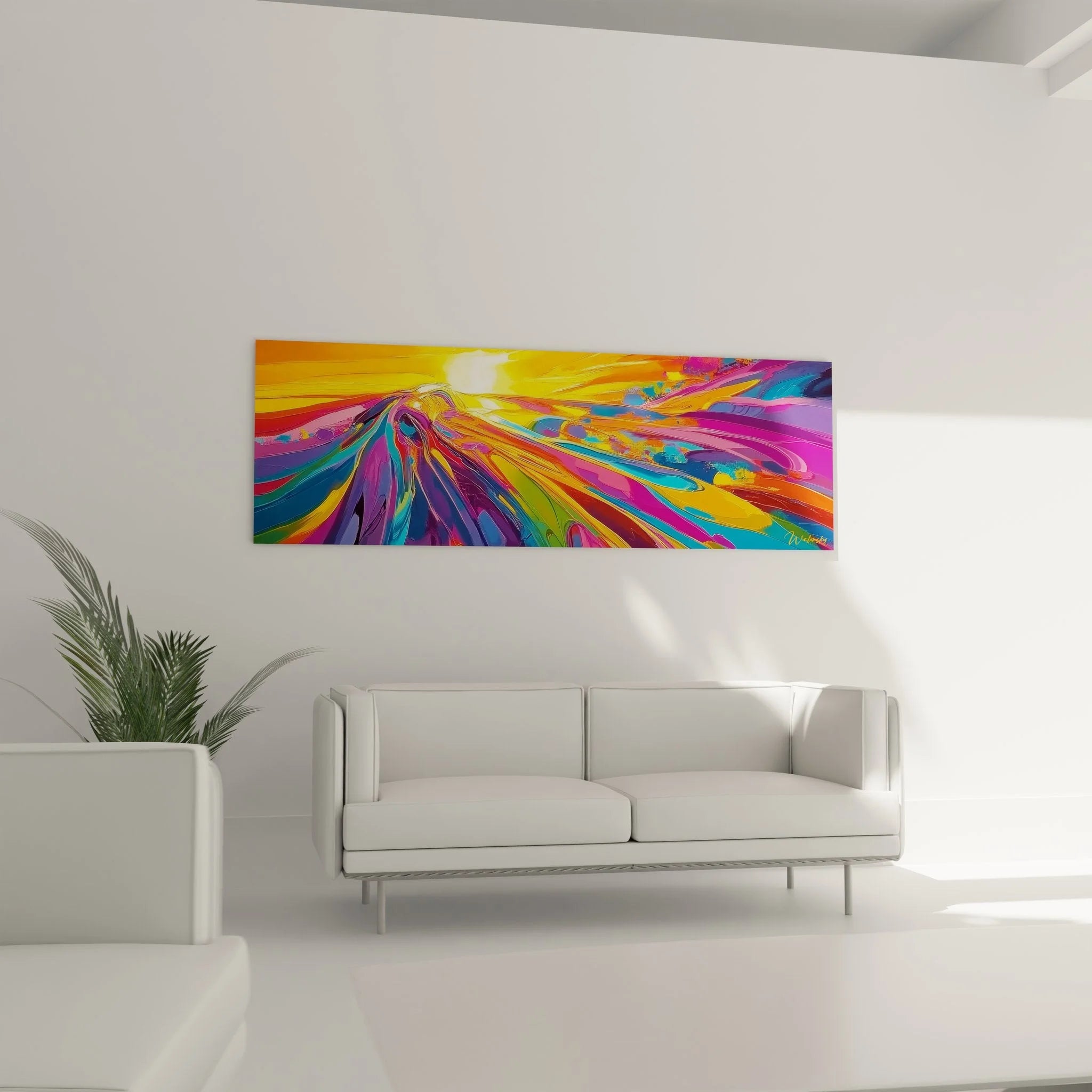 Detailansicht Wandbild Farbexplosion zeigt fließende Farbverläufe und dynamische Pinselstriche