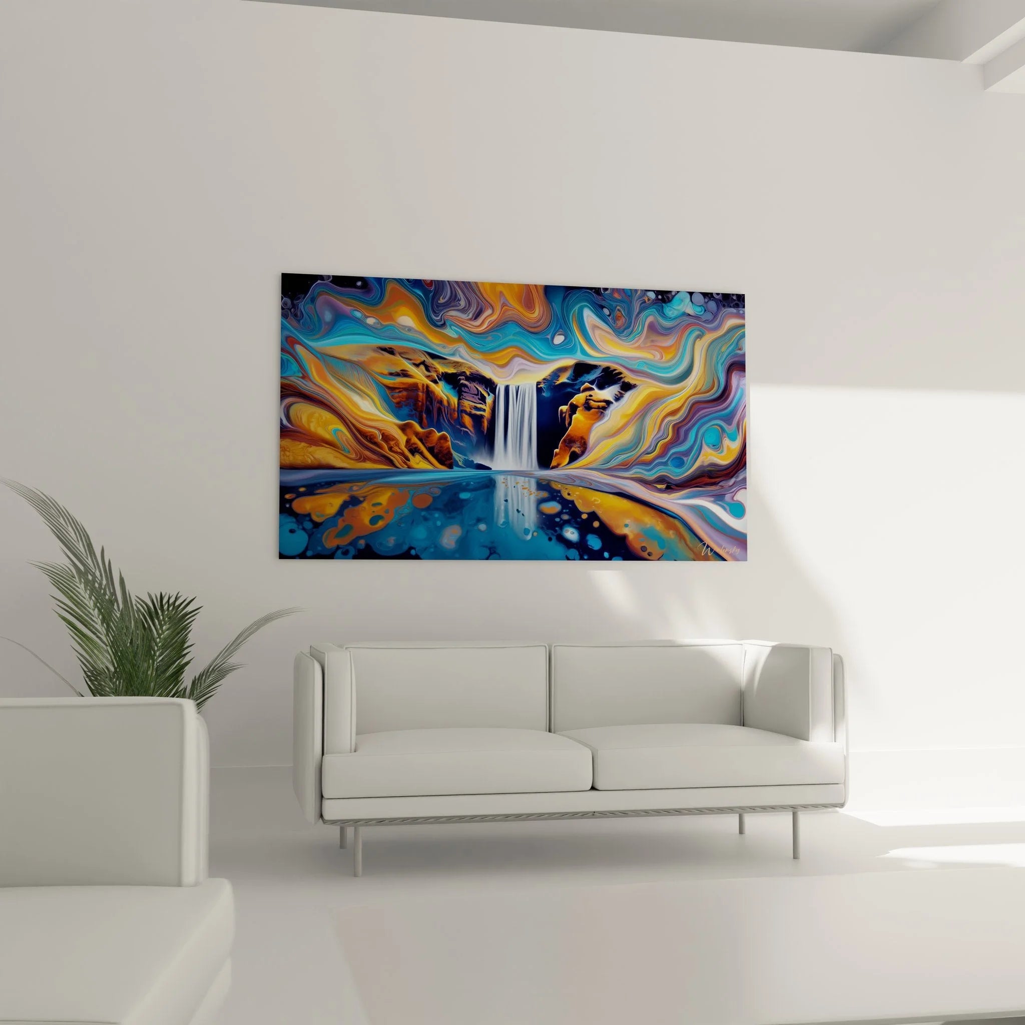 Detailansicht fluider Farbverläufe des abstrakten Wasserfallbildes mit marmorierter Textur