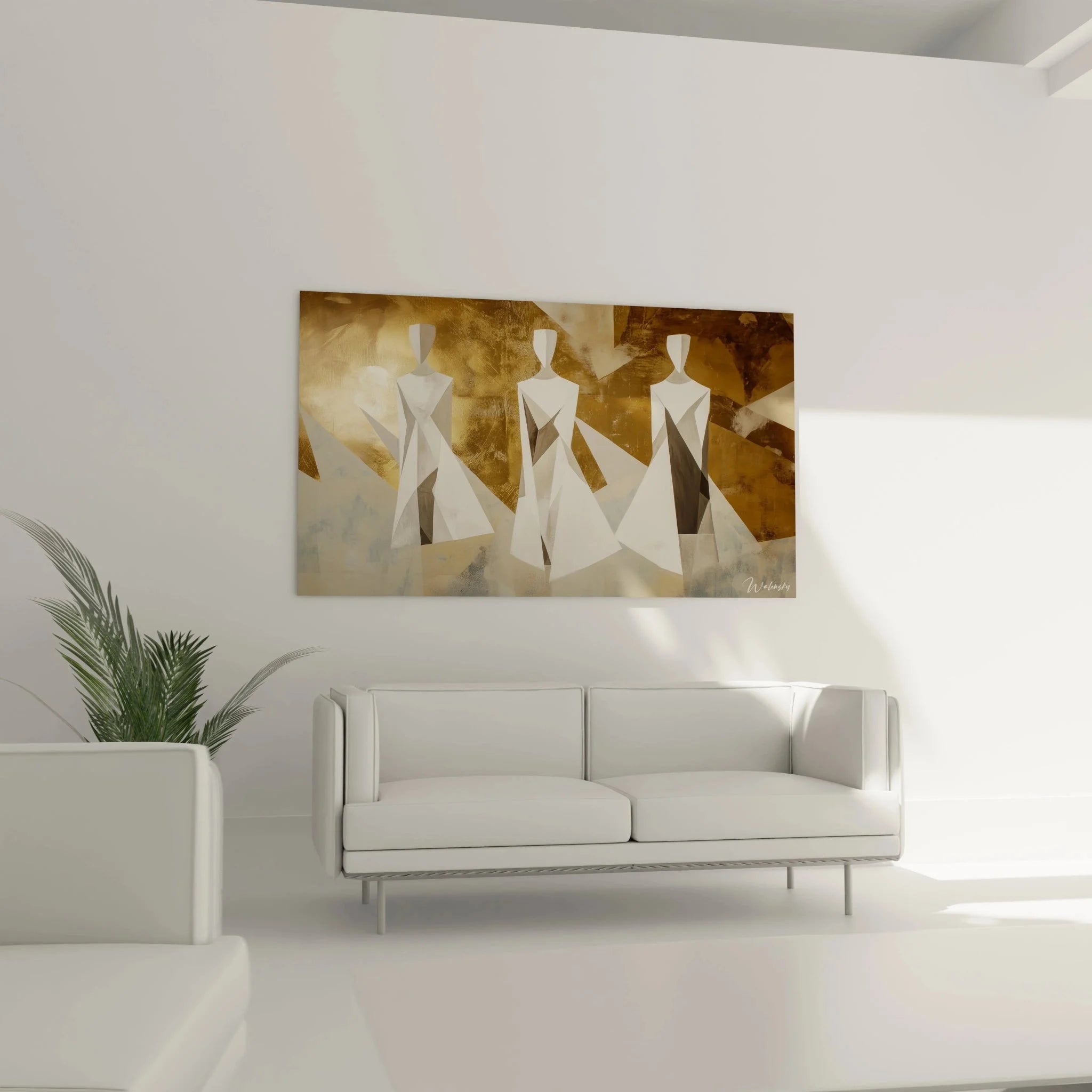 Detailansicht geometrische Figuren Wandkunst in warmen Goldtönen inspiriert von Botticelli