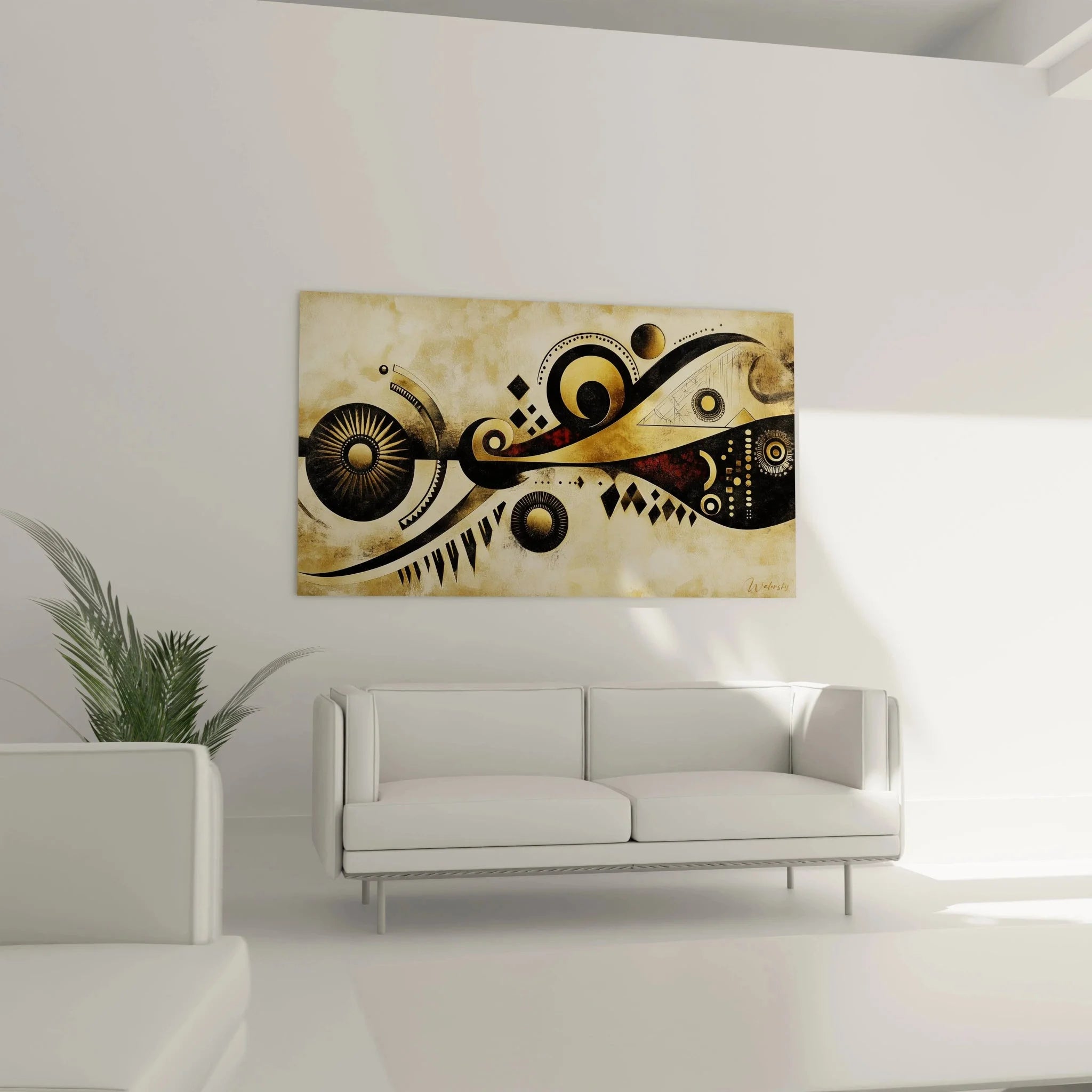 Detailansicht geometrische Kreismuster Afrika Wandbild mit radialen Ornamenten und goldenen Akzenten