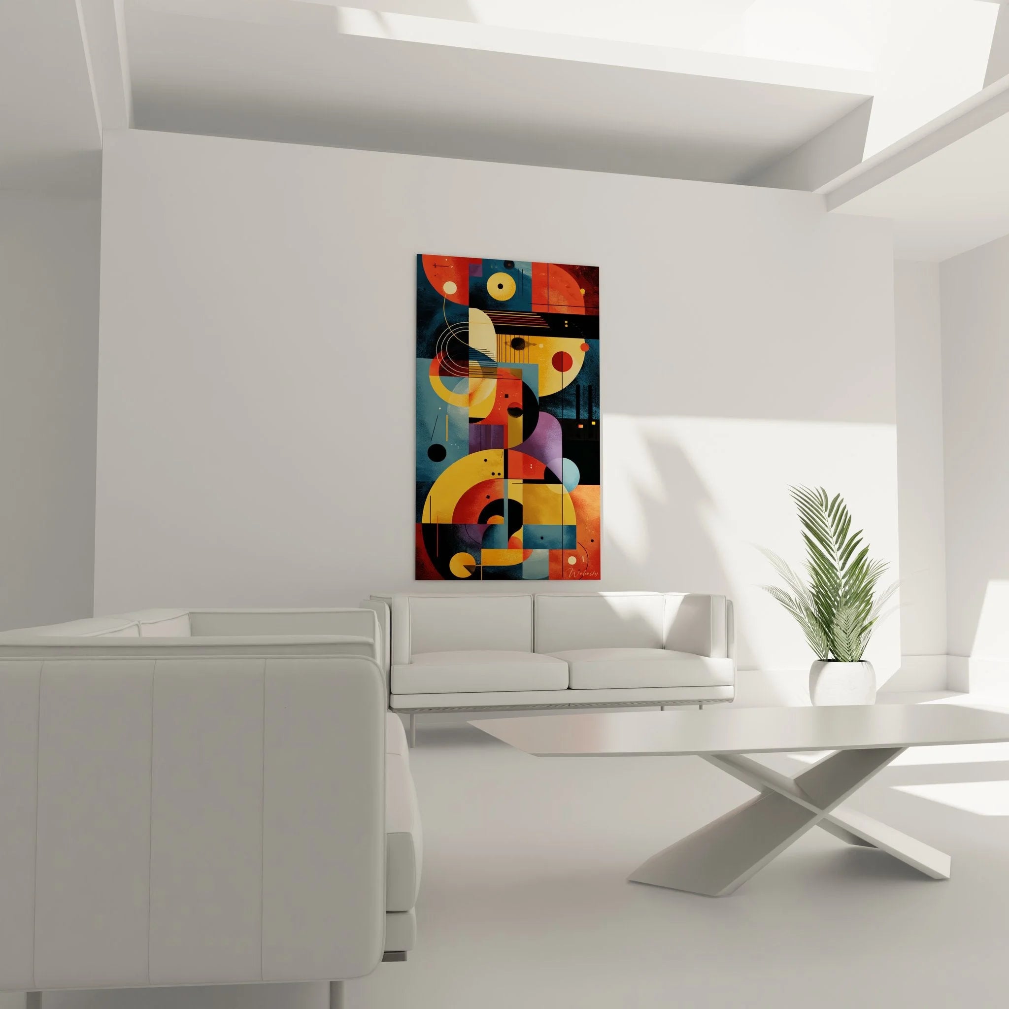 Detailansicht geometrisches Wandbild - Kreise und Linien in Orange Blau Komposition