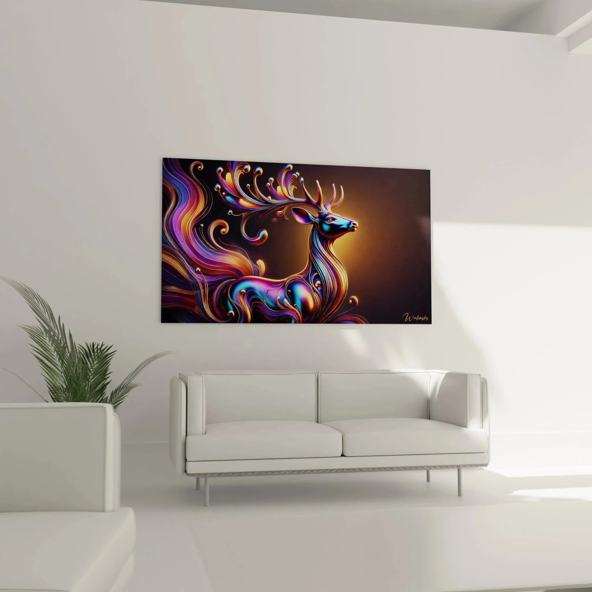 Detailansicht Hirsch Wandkunst mit leuchtenden Farbwirbeln und metallischen Effekten