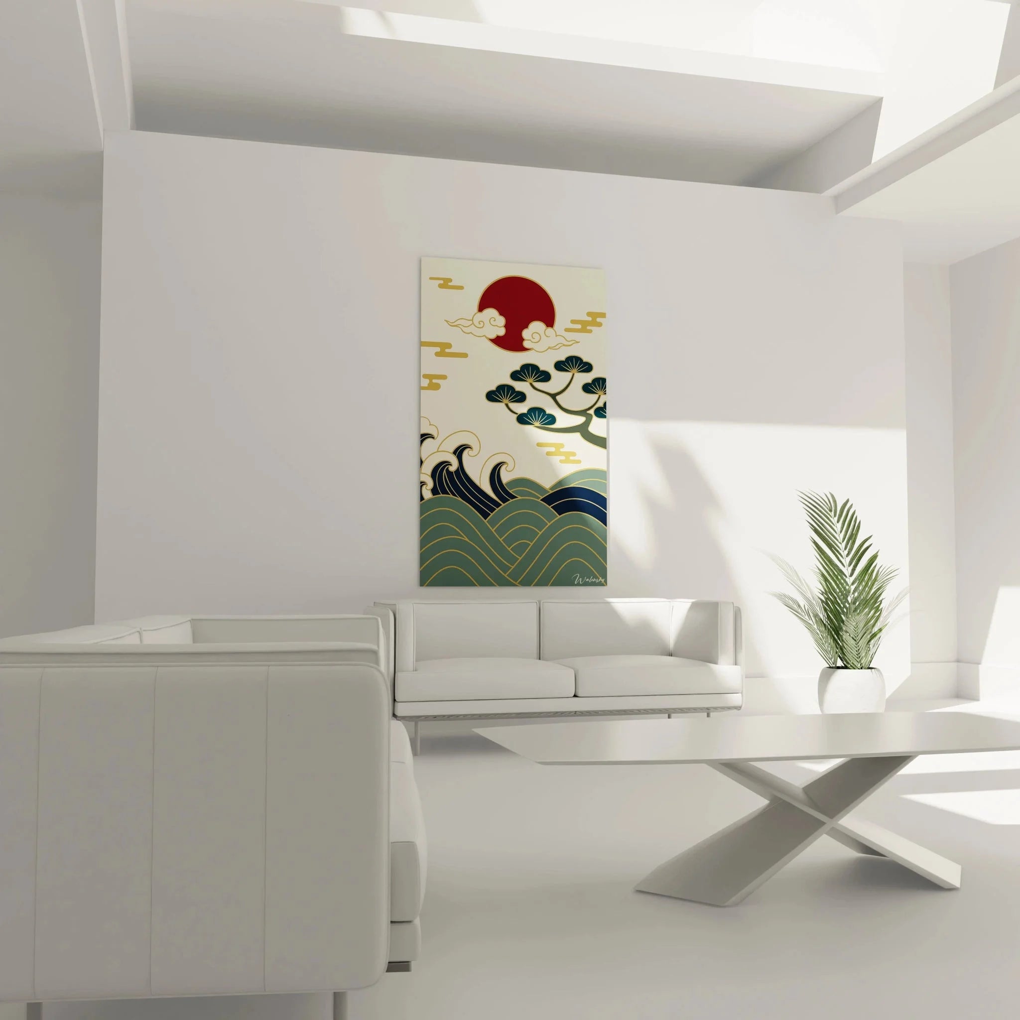 Detailansicht japanisches Wandbild zeigt stilisierte Wellen und goldene Wolken im traditionellen Design