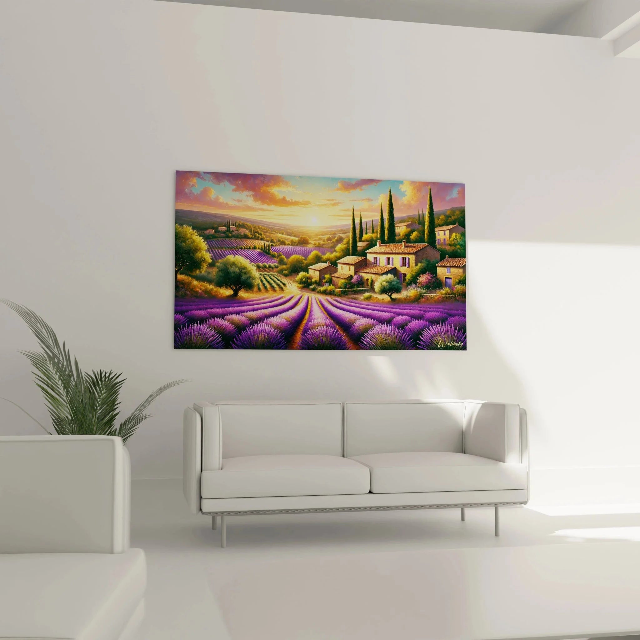 Detailansicht Wandbild violette Lavendelfelder mit mediterranen Steinhäusern und Zypressen in der Provence