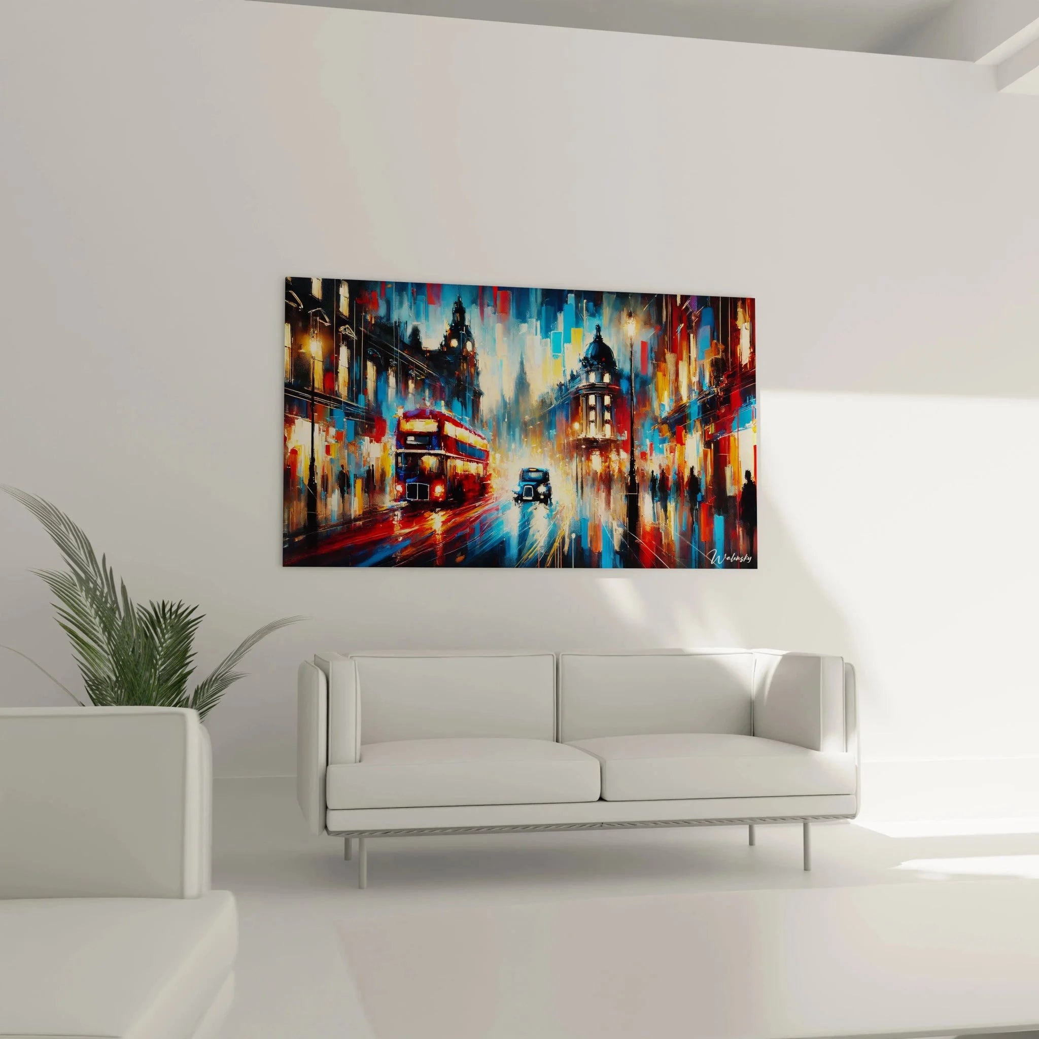 Detailansicht Wandbild London mit expressionistischen Pinselstrichen und leuchtenden Farben des Doppeldeckerbuses