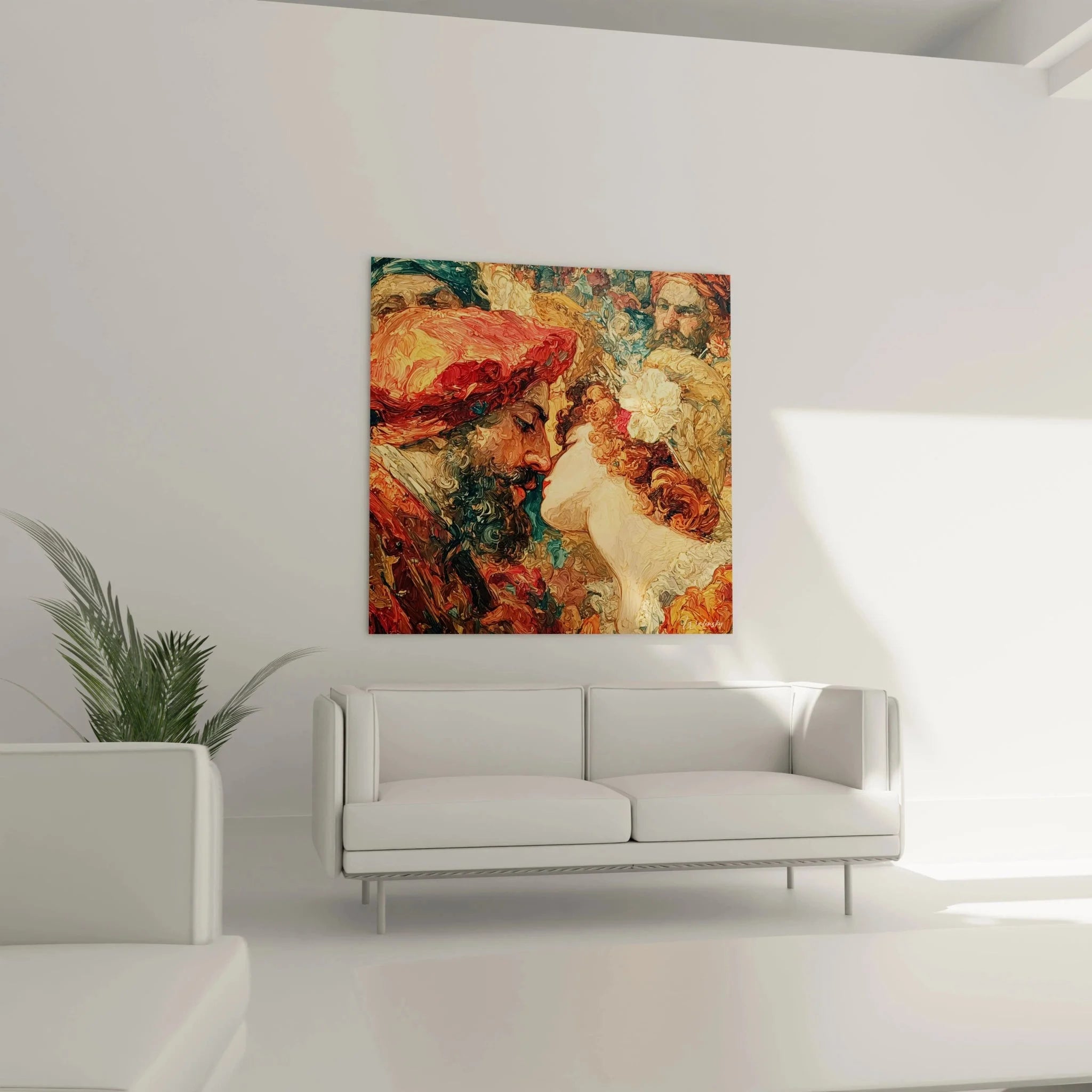 Detailansicht Renaissance Wandbild mythologische Figuren mit kupferfarbenem Haar und himmlischen Gewändern