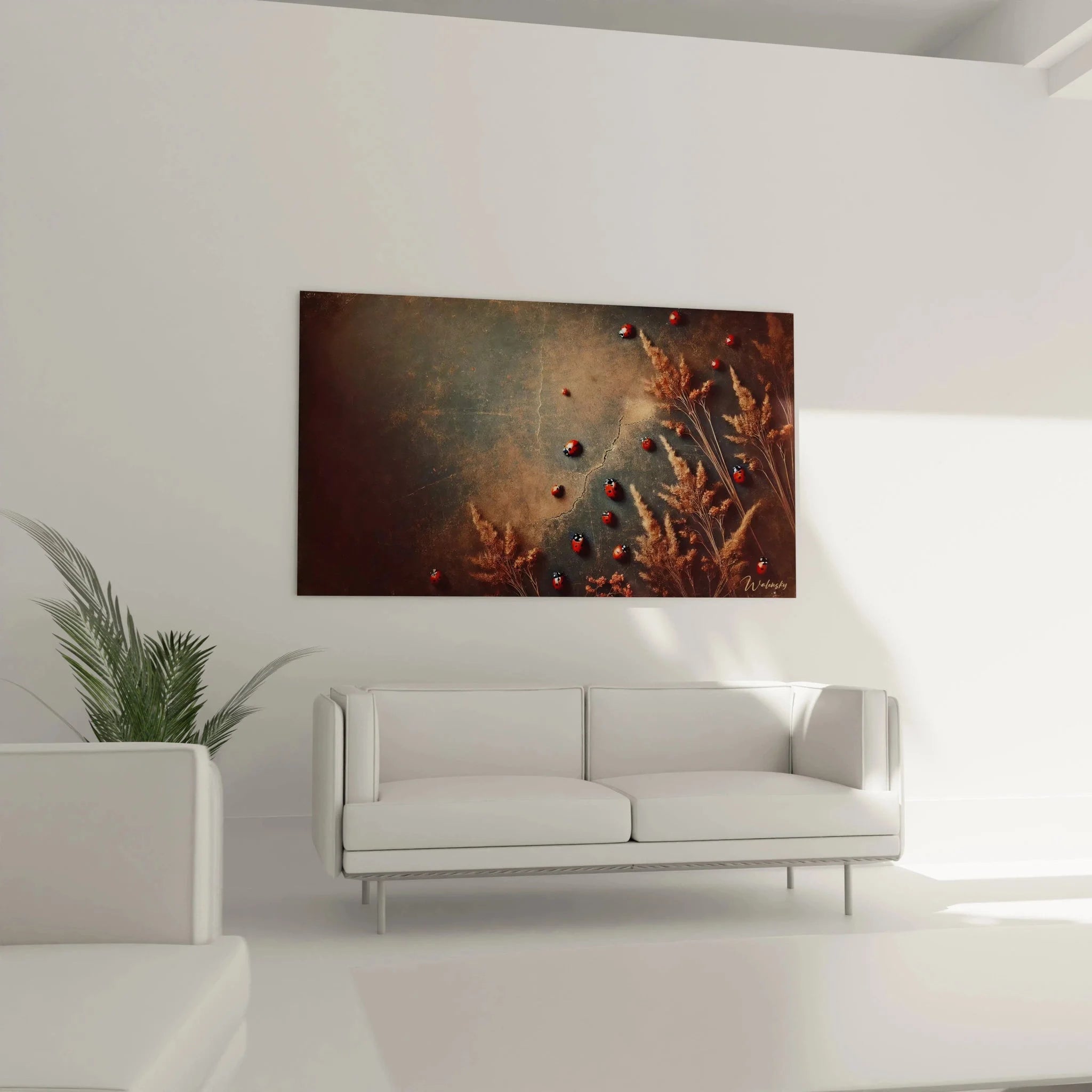 Detailansicht rote Marienkäfer Wandkunst mit charakteristischen schwarzen Punkten auf Steinboden