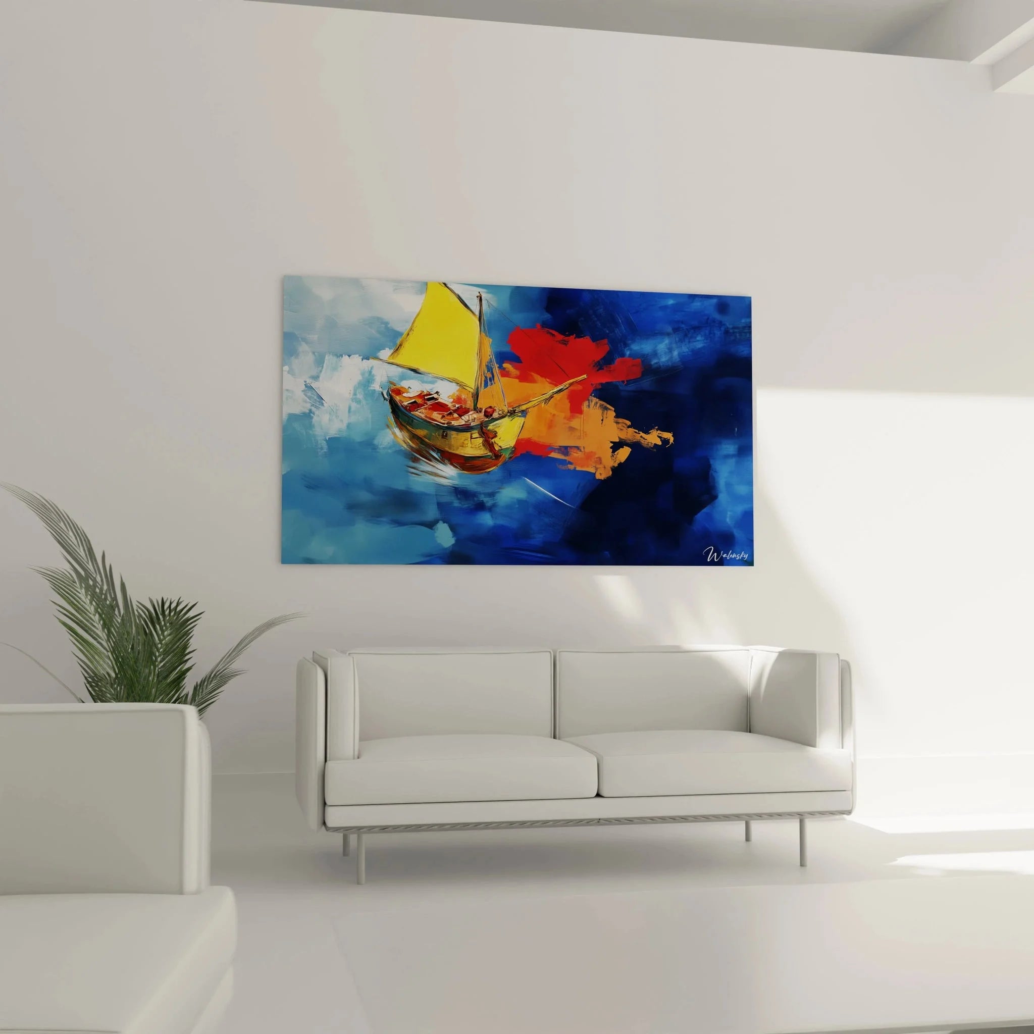 Detailansicht Wandbild Segelboot Sturm, expressive Pinselstriche und leuchtende Farbkontraste im Turner Stil