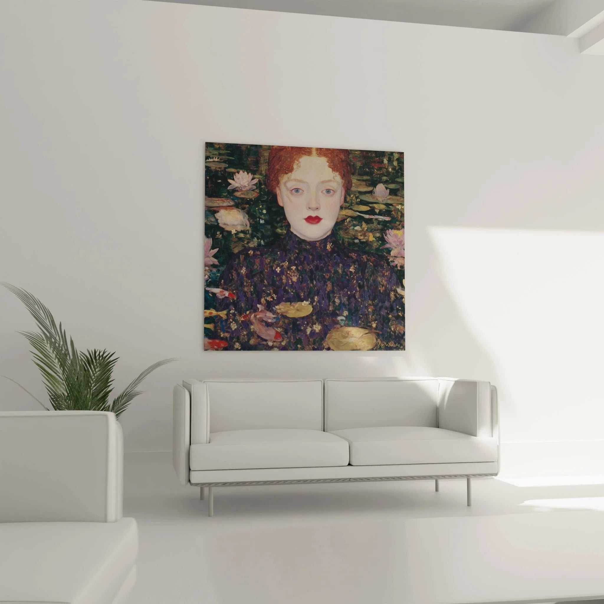 Detailansicht symbolistische Teichnixe rotem Haar - Mystische Augen und Seerosen Wandbild