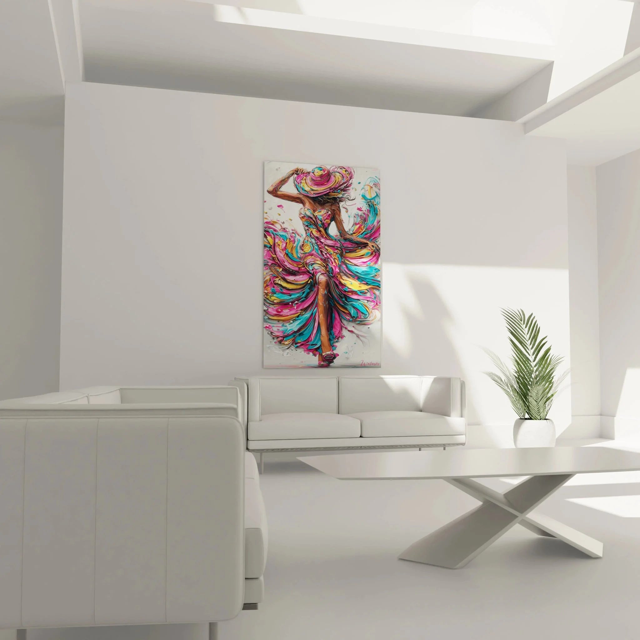 Detailansicht Wandbild tanzende Frau, abstrakte Farbverläufe in Pink Türkis Orange, Premium Kunstdruck