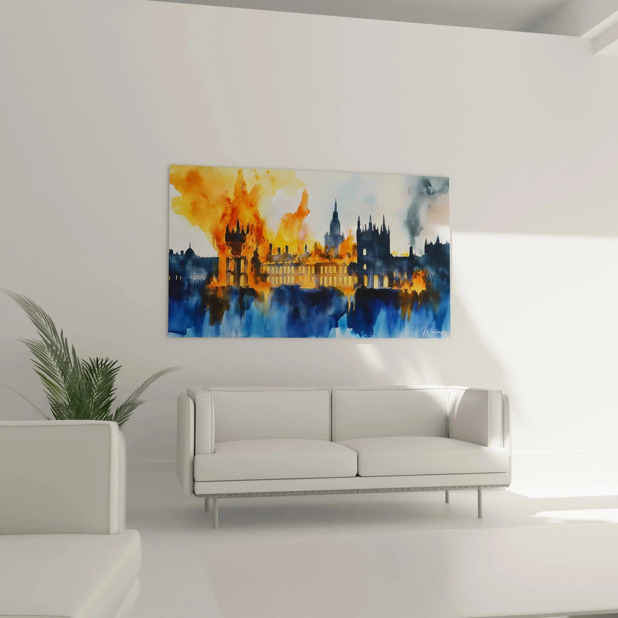Detailansicht Turner Wandbild zeigt Aquarelltechnik mit Flammen und gothische Architektur Westminster