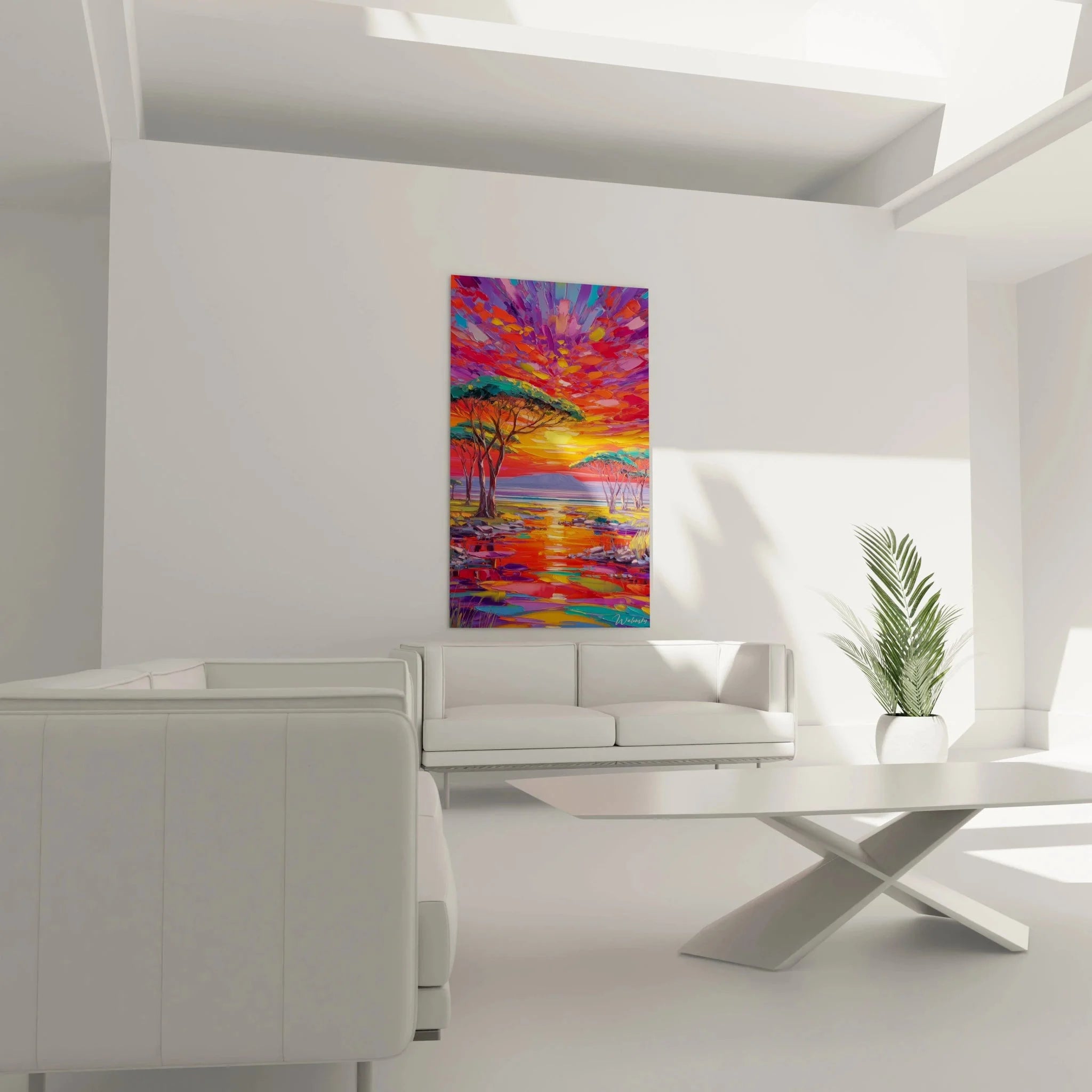 Detailansicht Wandbild Afrika Savanne Sonnenuntergang Akazienbaum Farbspektakel Leinwandkunst