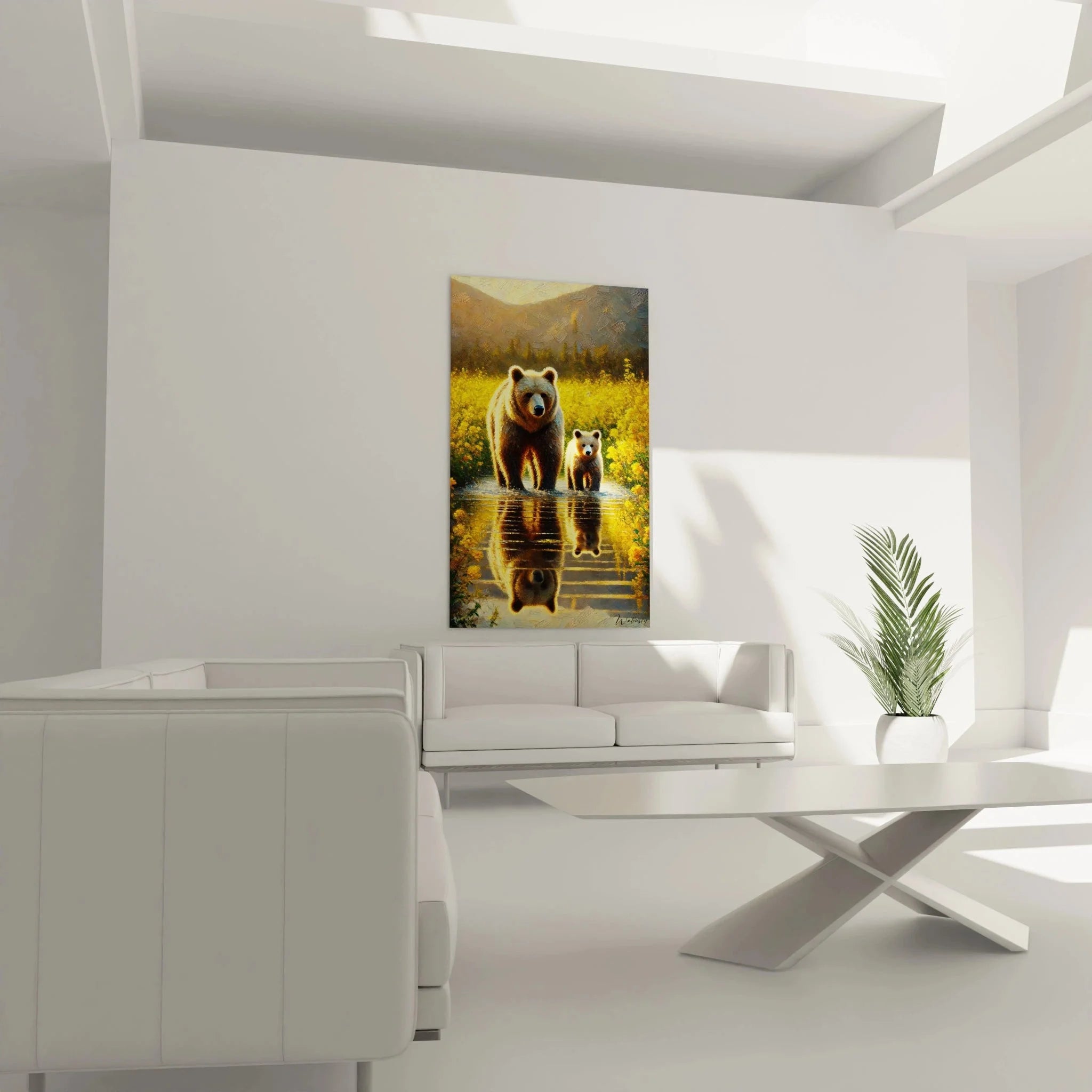 Detailansicht Wandbild Bärenfamilie - realistische Malerei Braunbär Mutter mit Jungtier