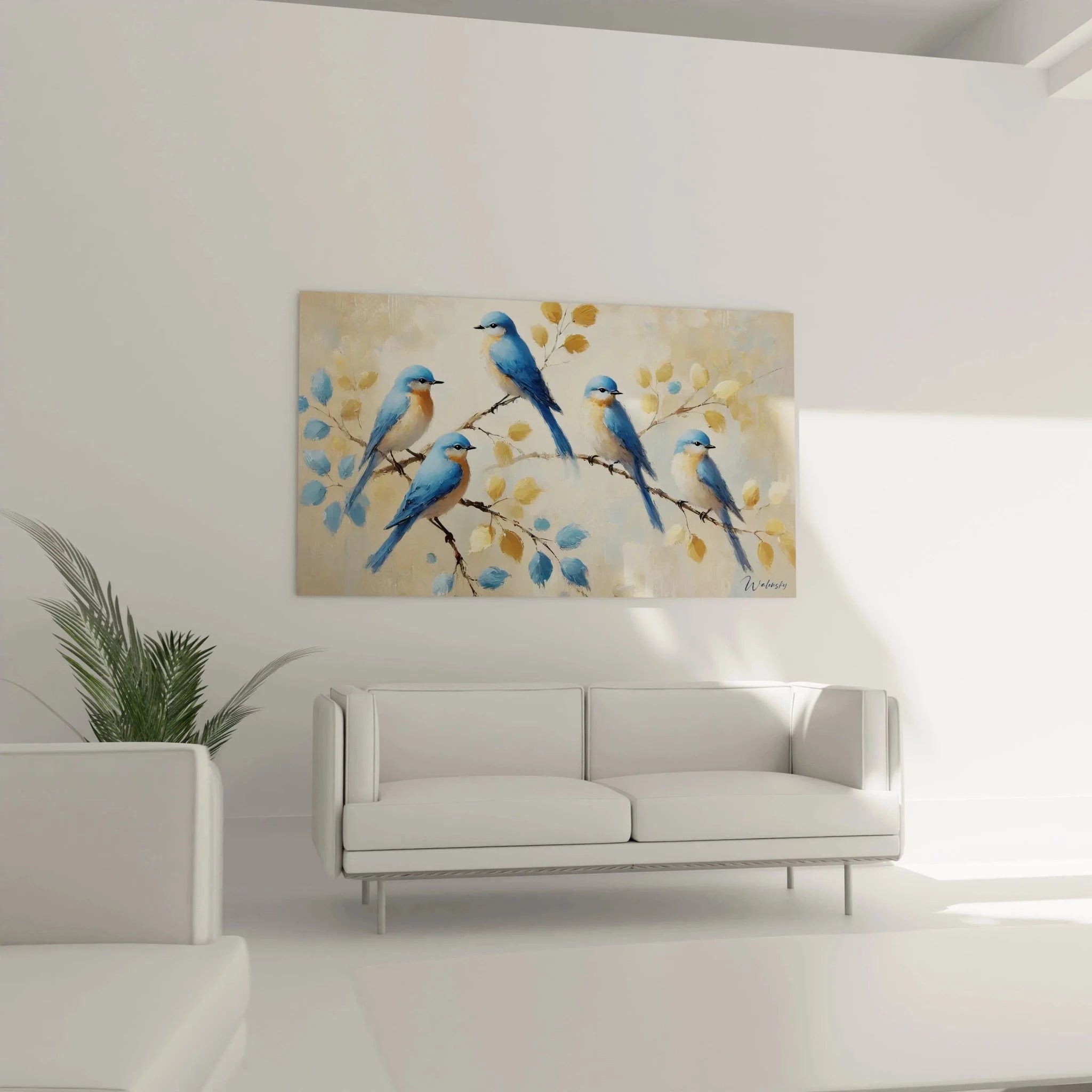 Detailansicht Wandbild Blaukehlchen, realistische Darstellung blauer Vögel auf Ästen